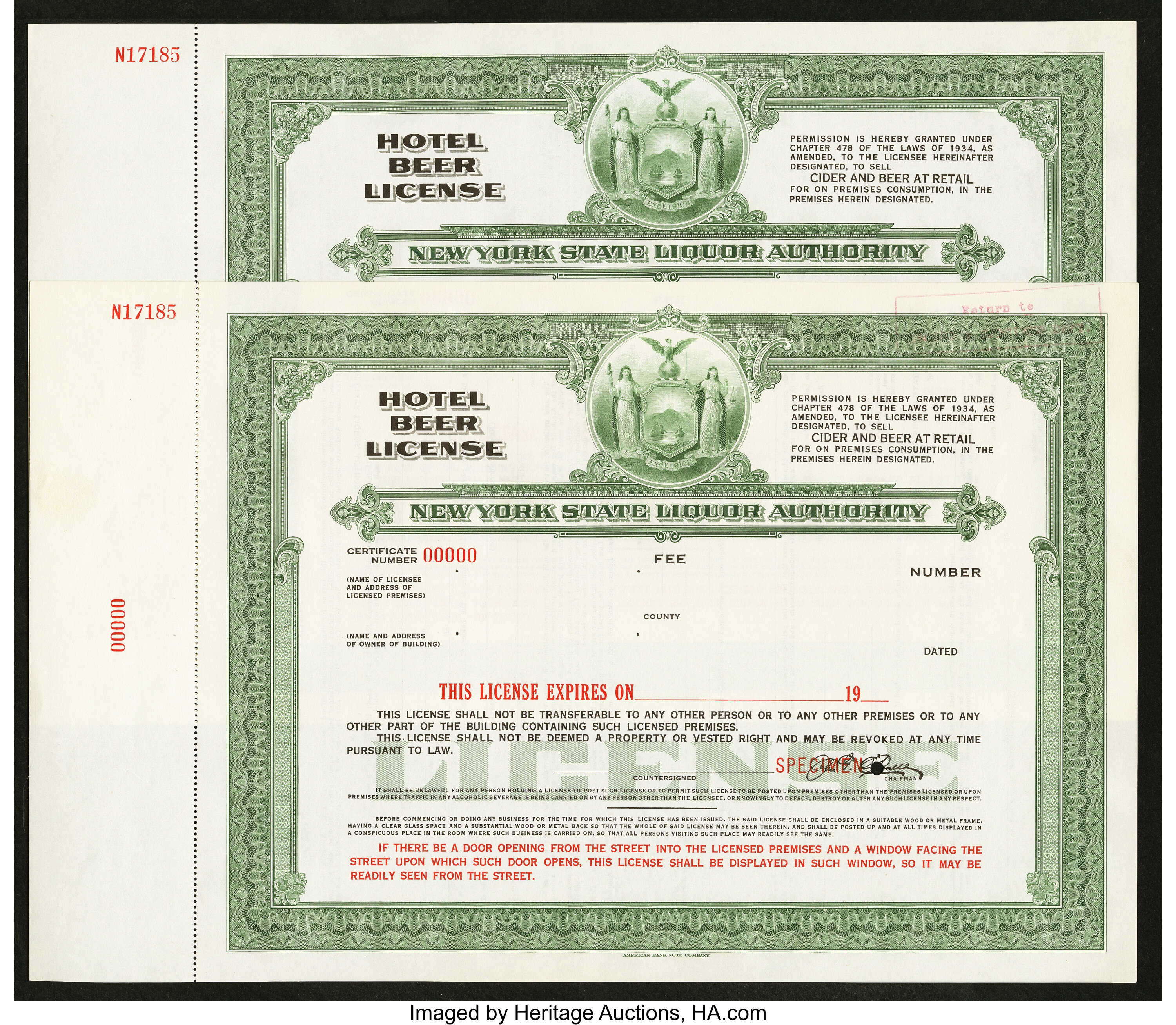 New York State Liquor Authority Various Beer/Liquor Licenses Circa | Lot #34052 | Heritage Auctions