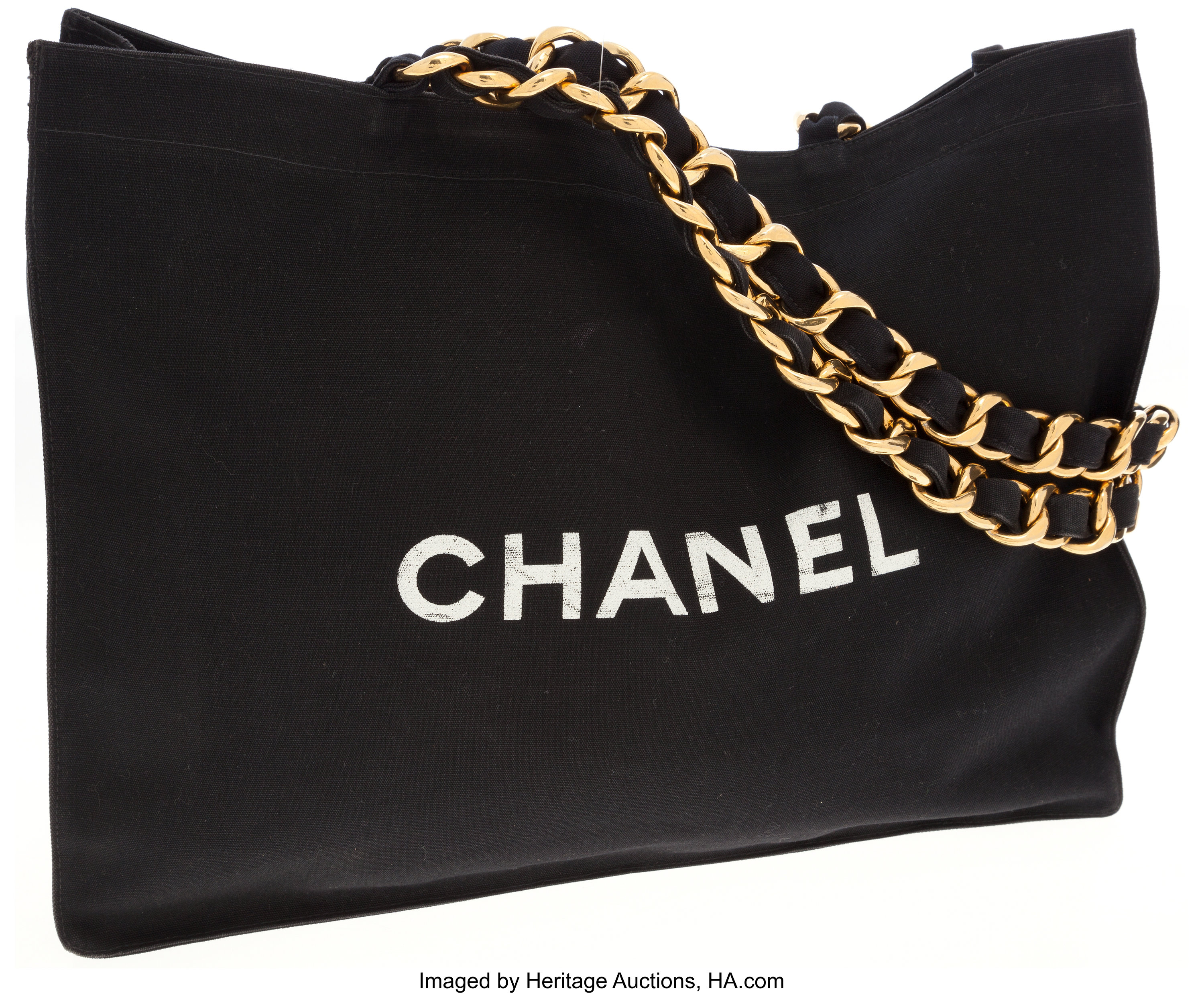 Chanel Black Canvas Oversized Tote Bag with Gold Chain Shoulder