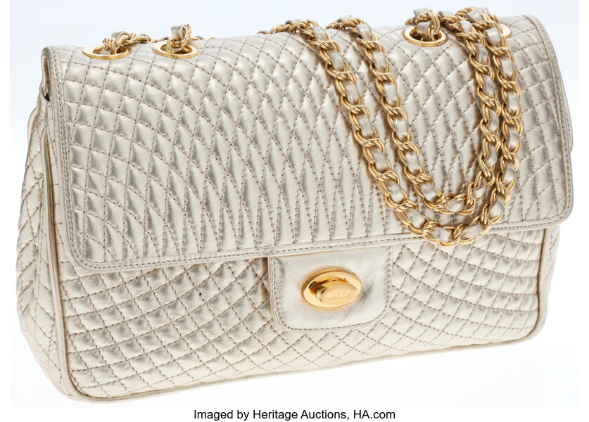 Bally Gold Metallic Leather Double Flap Quilted Bag. Luxury