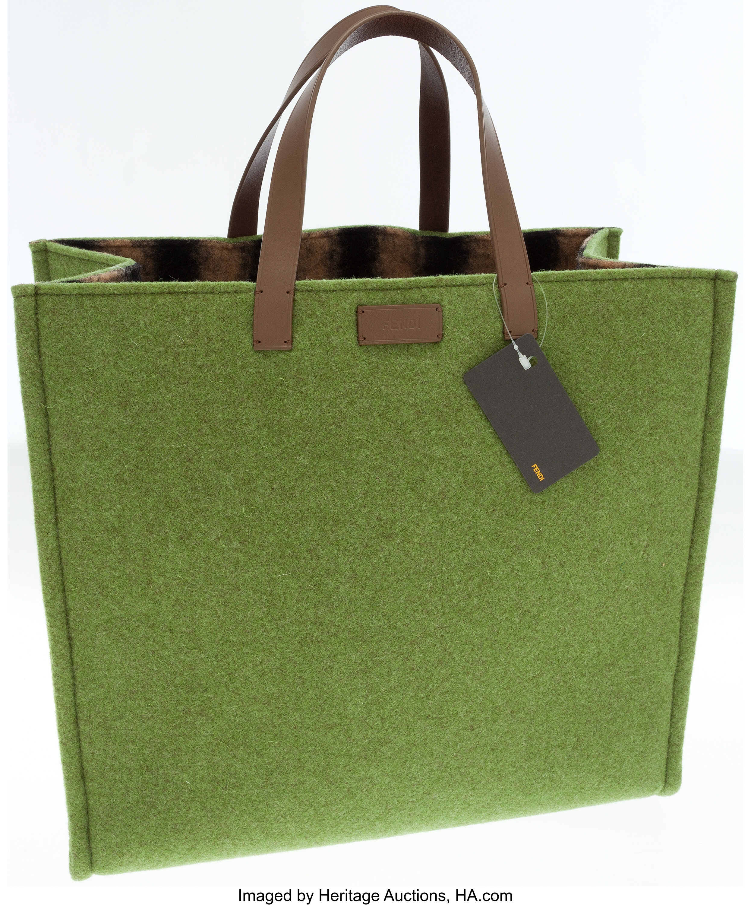 Fendi Green Wool and Leather Tote Bag. Luxury Accessories Bags