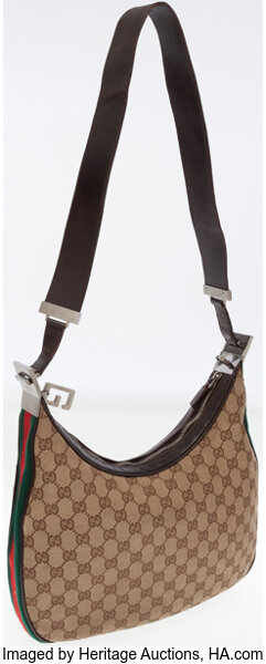 Gucci Vintage Brown Monogram Canvas Leather Red Green Stripe Large Shoulder  Bag