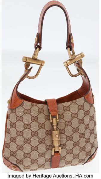Sold at Auction: Gucci, Italy: Canvas Monogram Flap Handbag, Maroon Leather  Trim, Tarnished Goldtone Hardware, External Rear Slip Pocket