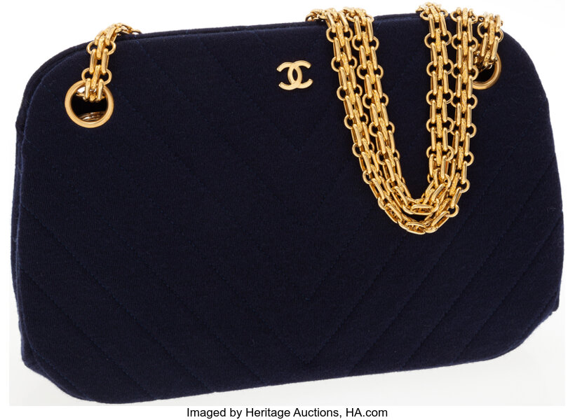 Chanel Navy Chevron Linen Shoulder Bag with Gold Chain Strap