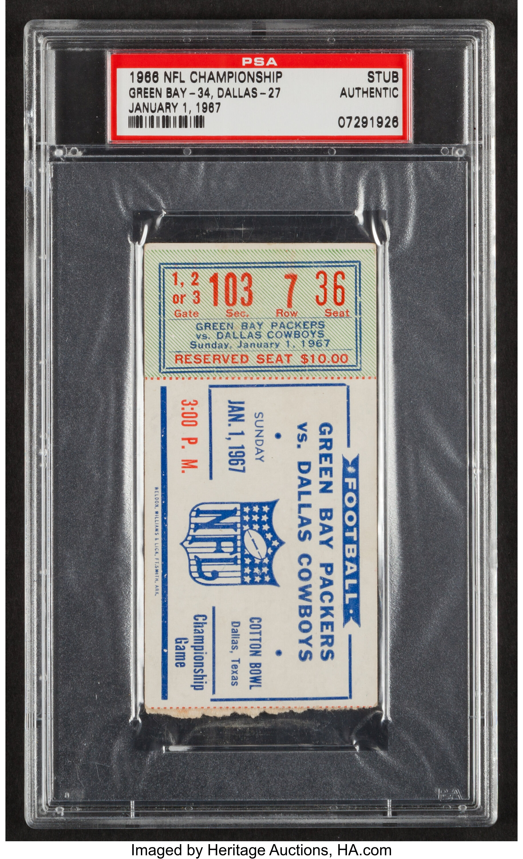 1966 NFL Championship Game Packers vs. Cowboys Ticket Stub, PSA