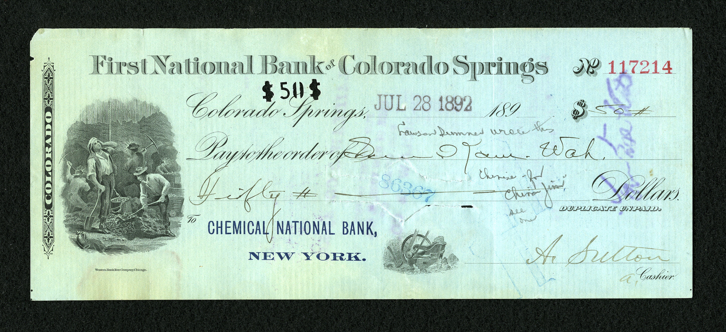 Colorado Springs Co First National Bank 50 July 28 1892 Check