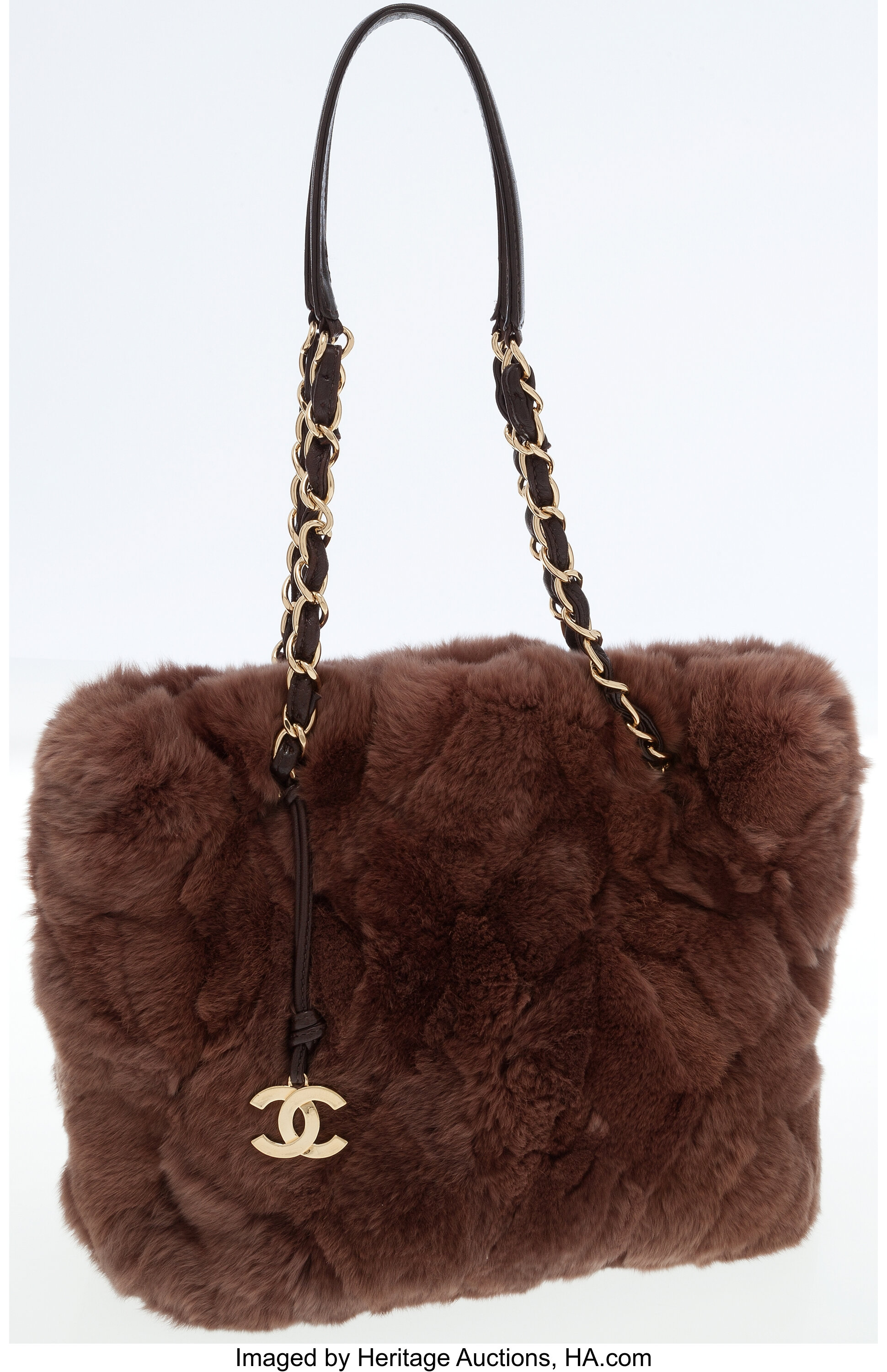 Chanel Brown Rabbit Fur Shoulder Bag with Leather and Chain Straps