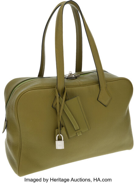 Hermes Vert Chartreuse Clemence Leather Victoria Bag with
