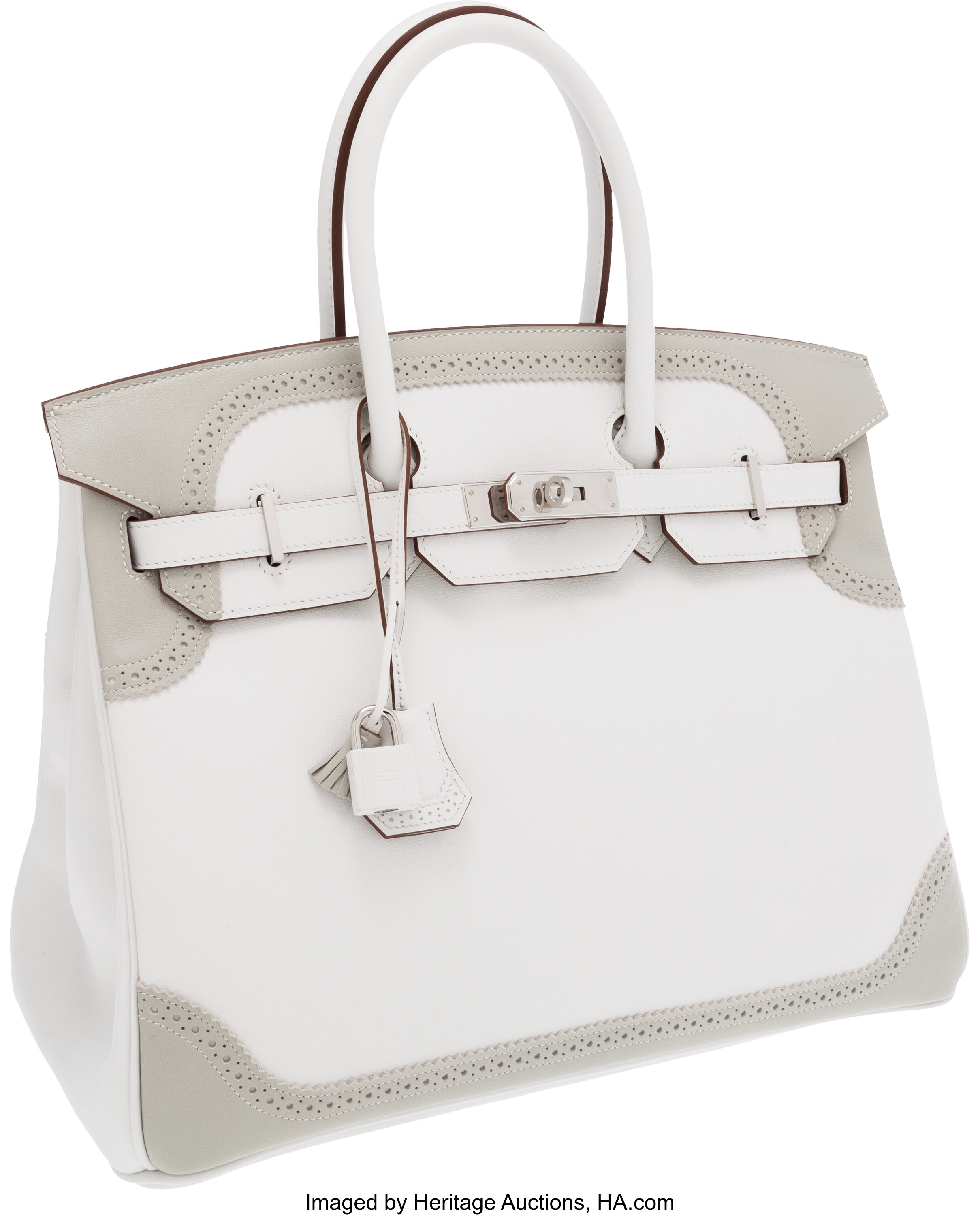 Hermes Limited Edition 35cm White & Gris Perle Clemence Leather and, Lot  #58140