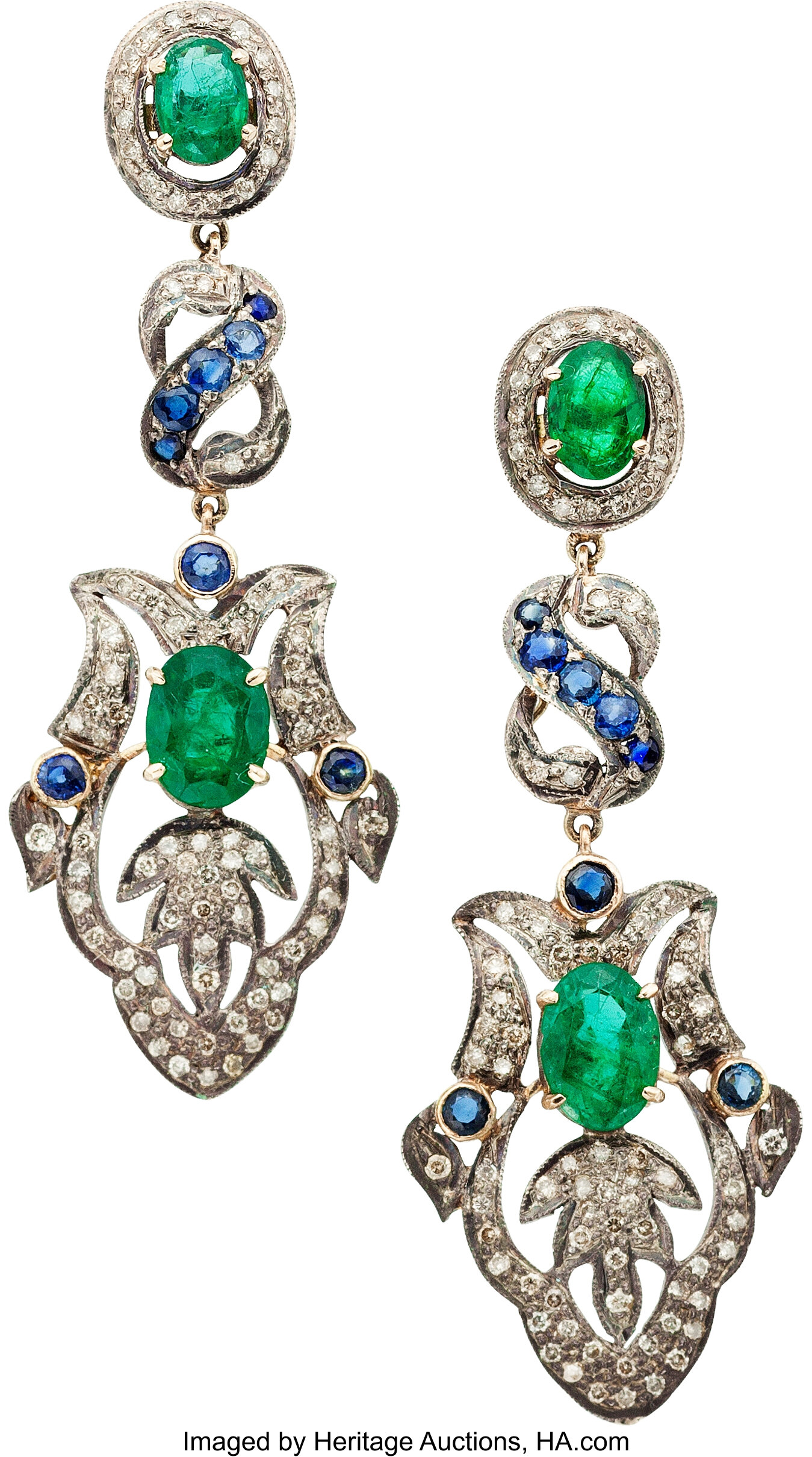 Emerald, Sapphire, Diamond, Silver-Topped Gold Earrings. ... Estate ...