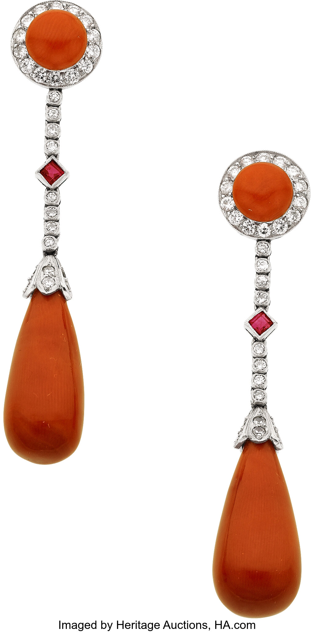 Coral, Diamond, Ruby, Platinum Earrings. ... Estate Jewelry | Lot ...