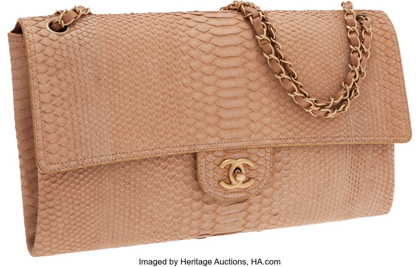 Chanel Beige Python Maxi Single Flap Bag with Burnished Gold
