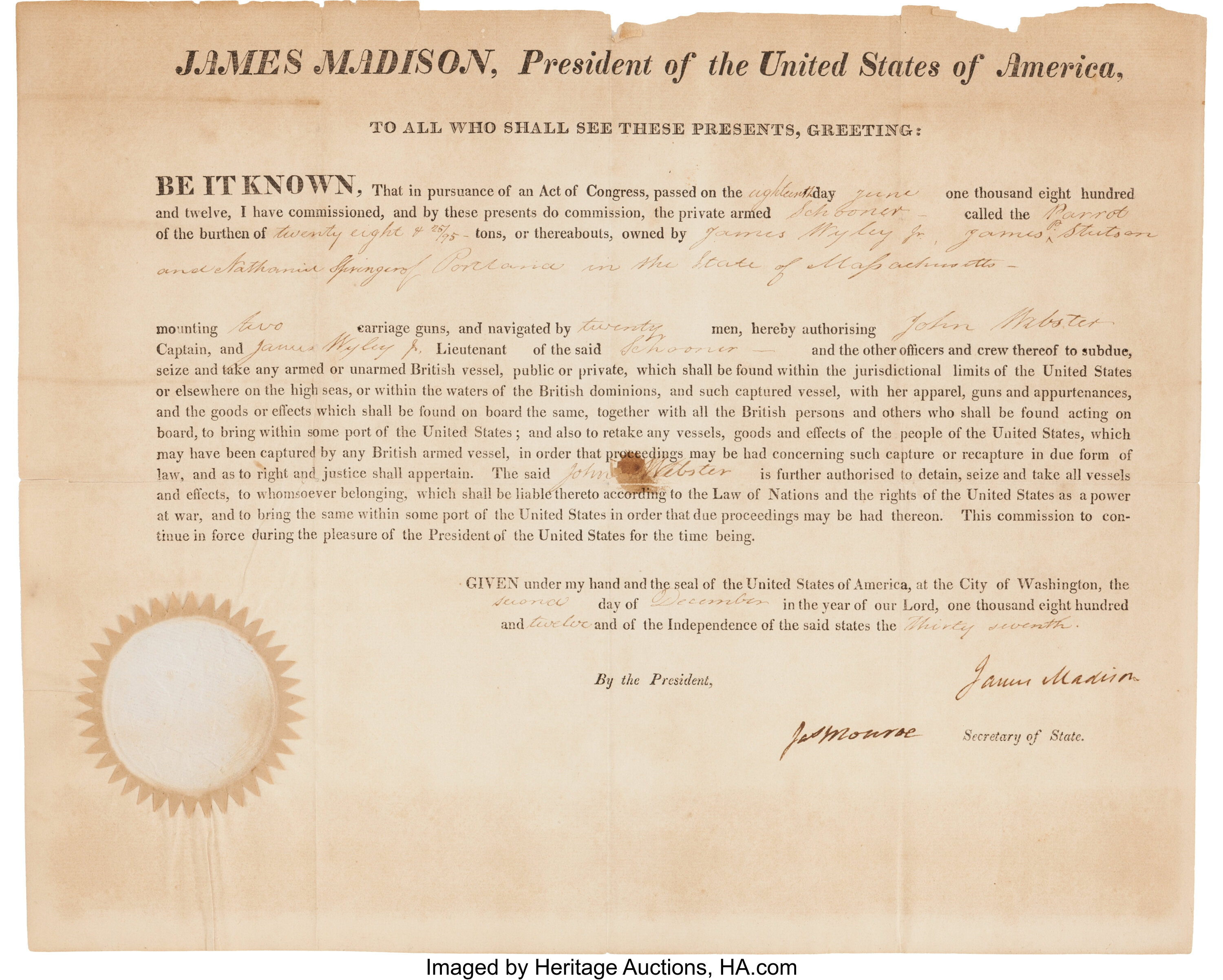 James Madison Letter of Marque Signed.... Autographs U.S. | Lot #34255