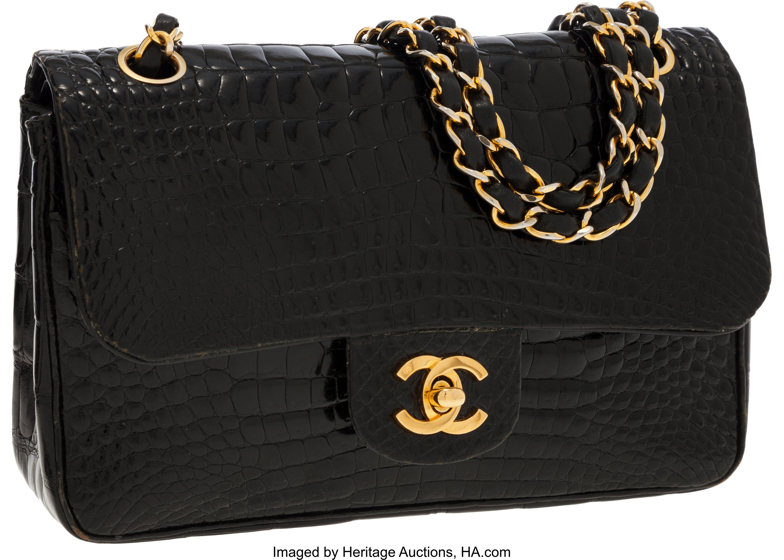 Chanel Shiny Black Crocodile Medium Double Flap Bag with Gold | Lot #56220  | Heritage Auctions