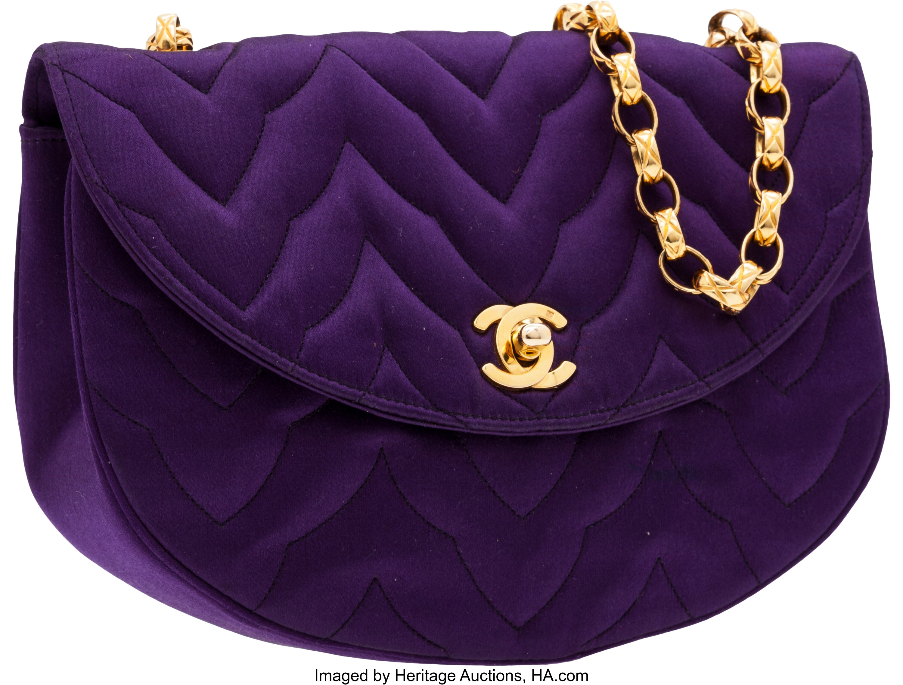 Chanel Deep Purple Satin Quilted Evening Bag with Gold Chain Strap., Lot  #56673
