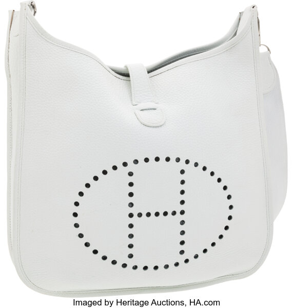 Hermes Evelyne PM Shoulder Bag Purse in White Clemence Leather 