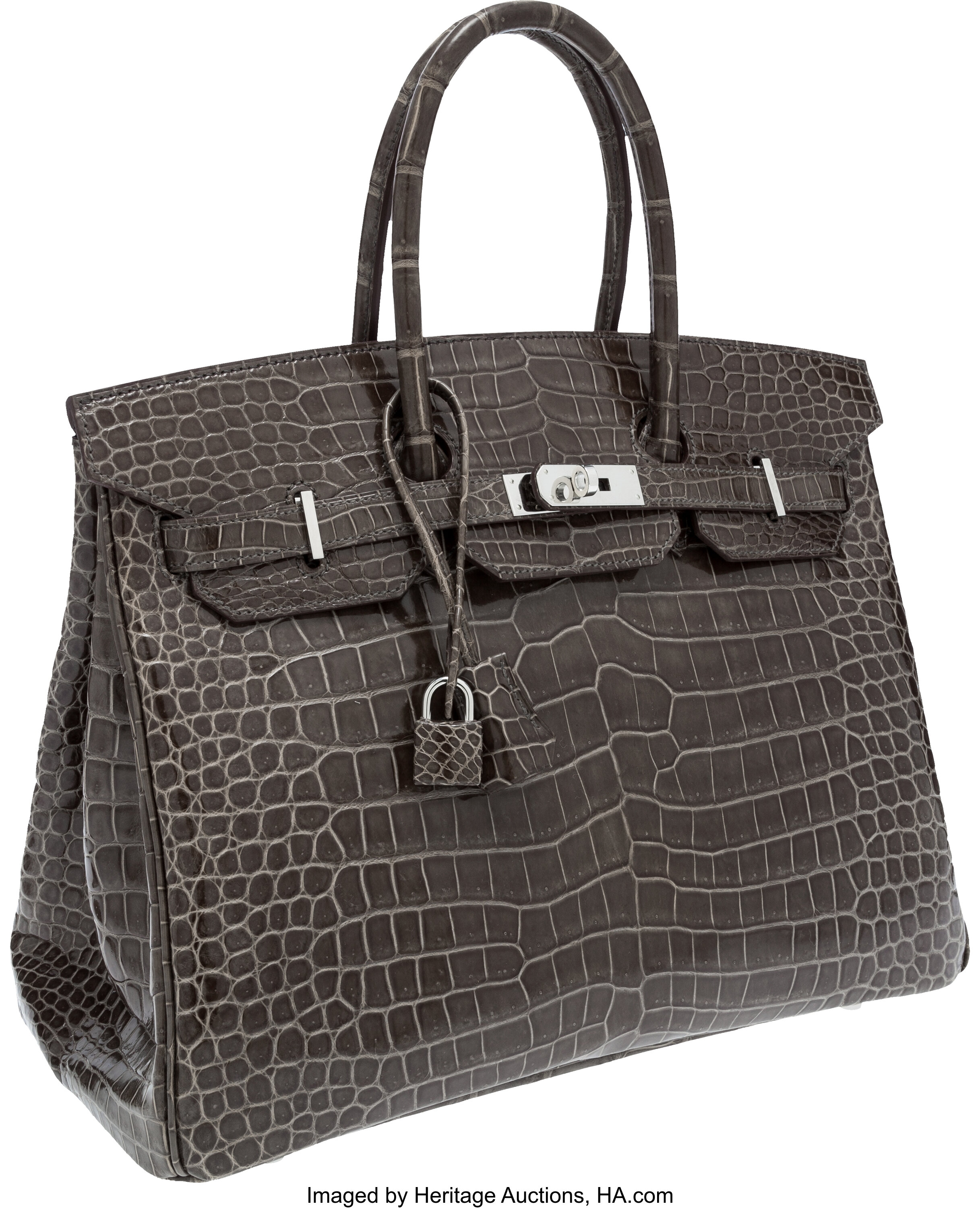 Hermes 35cm Shiny Gris Elephant Porosus Crocodile Birkin Bag with | Lot ...