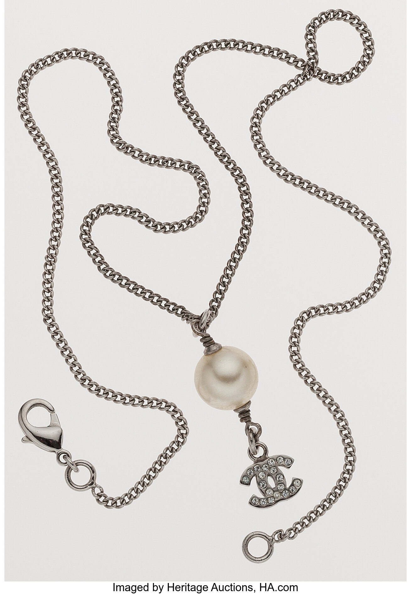 Chanel Silver CC Logo and Pearl Drop Necklace.  Luxury, Lot #77009