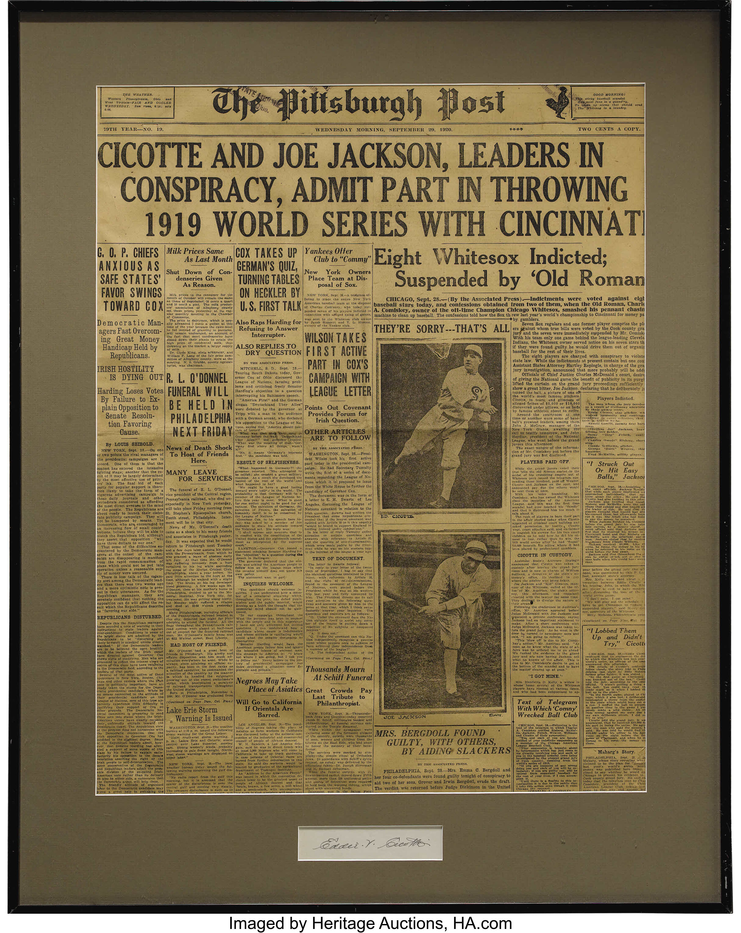 Eddie Cicotte Cut Signature With Newspaper Display Infamous Lot Heritage Auctions