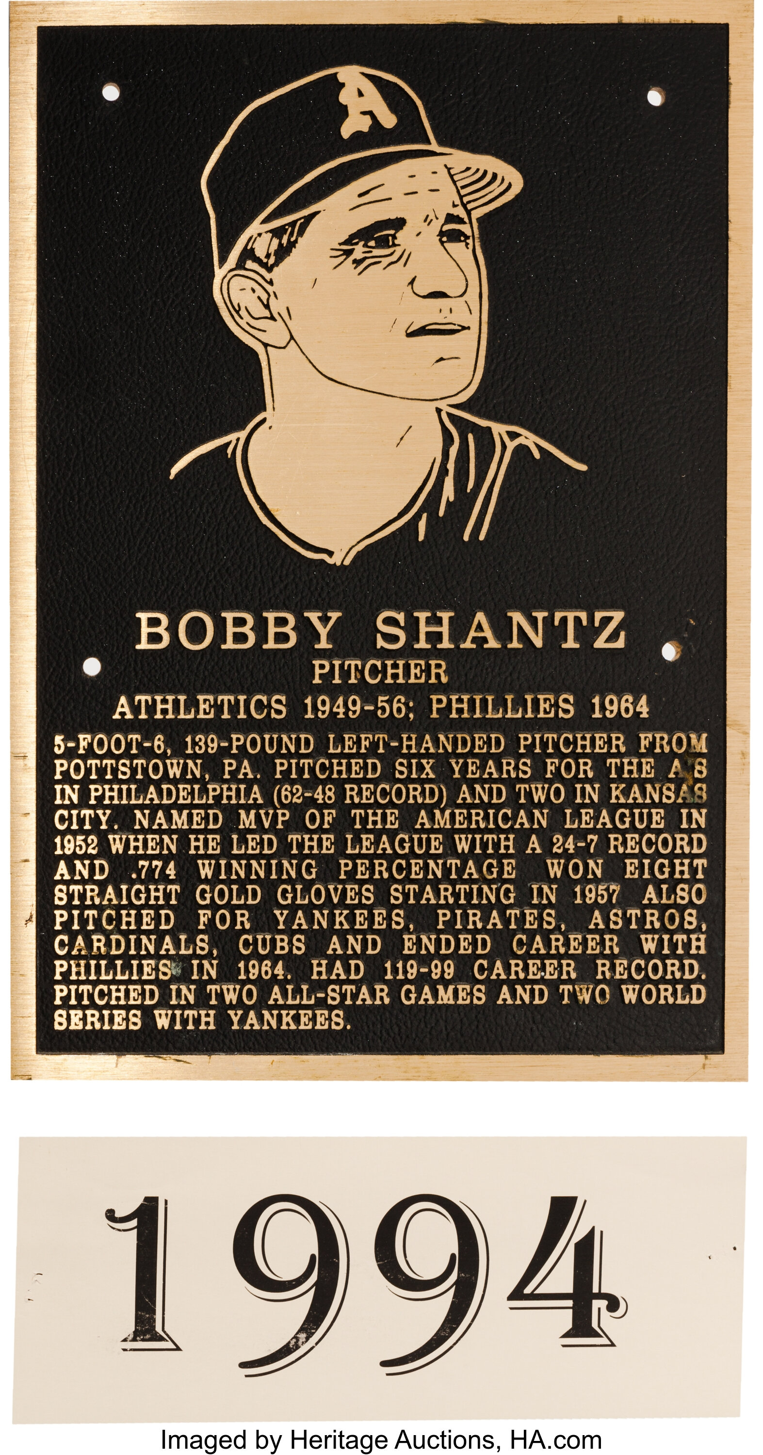 1994 Philadelphia Athletics Hall of Fame Plaque Bobby Shantz.... Lot