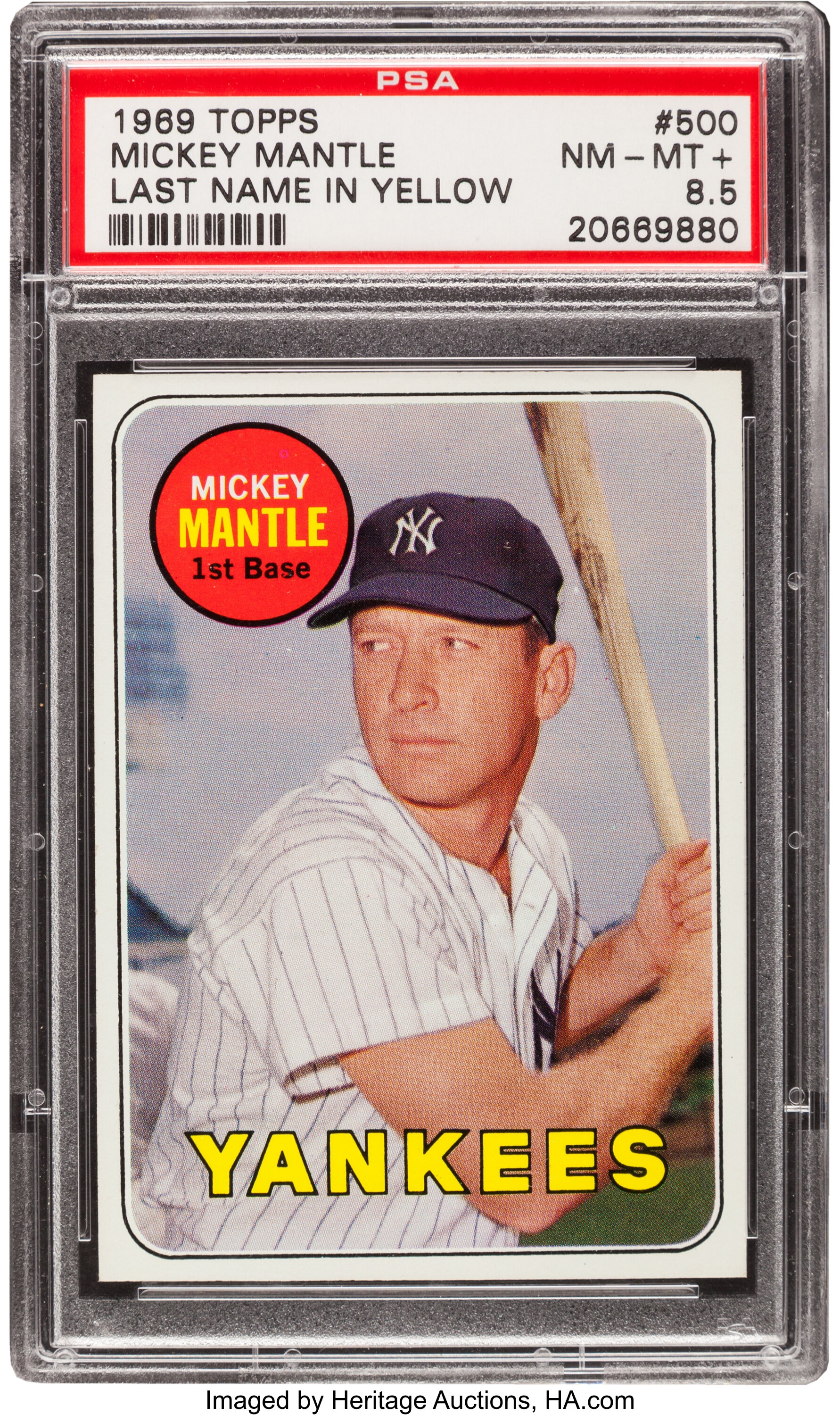 1969 Topps Mickey Mantle, Yellow Letters #500 PSA NM-MT+ 8.5. ... | Lot  #80759 | Heritage Auctions