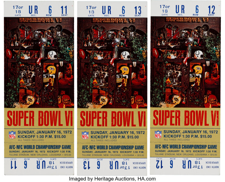 1972 Super Bowl VI Full Ticket, PSA EX 5 - Cowboys First Super