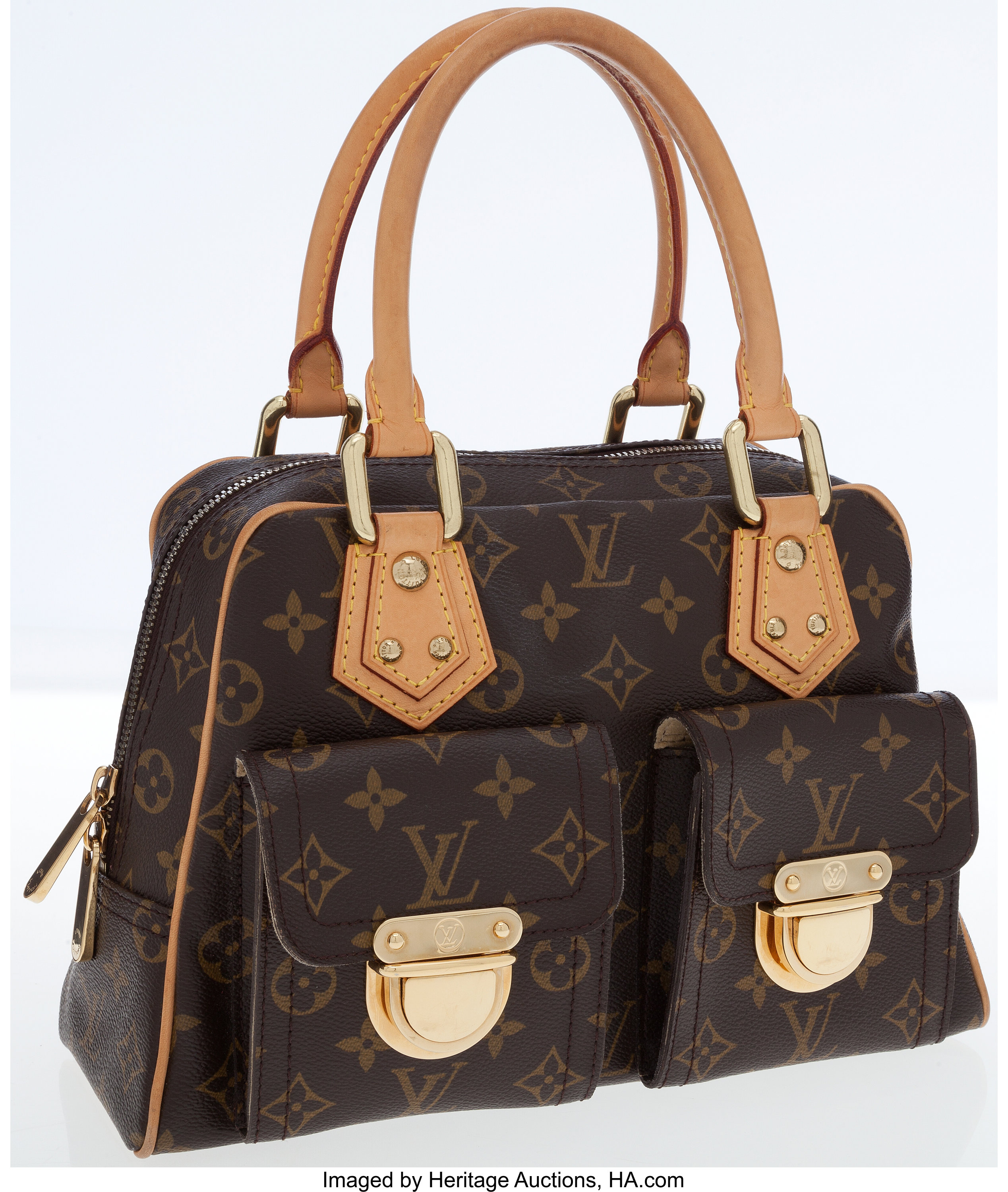 Lot - In the Style of & Marked Louis Vuitton: Black & Brown Monogram Print  Handbag with Tan Handles, Size: 25 x 35 cm. (9.84 x 13.78 in.), Handle  Length: 42 cm. (16.54 in.)