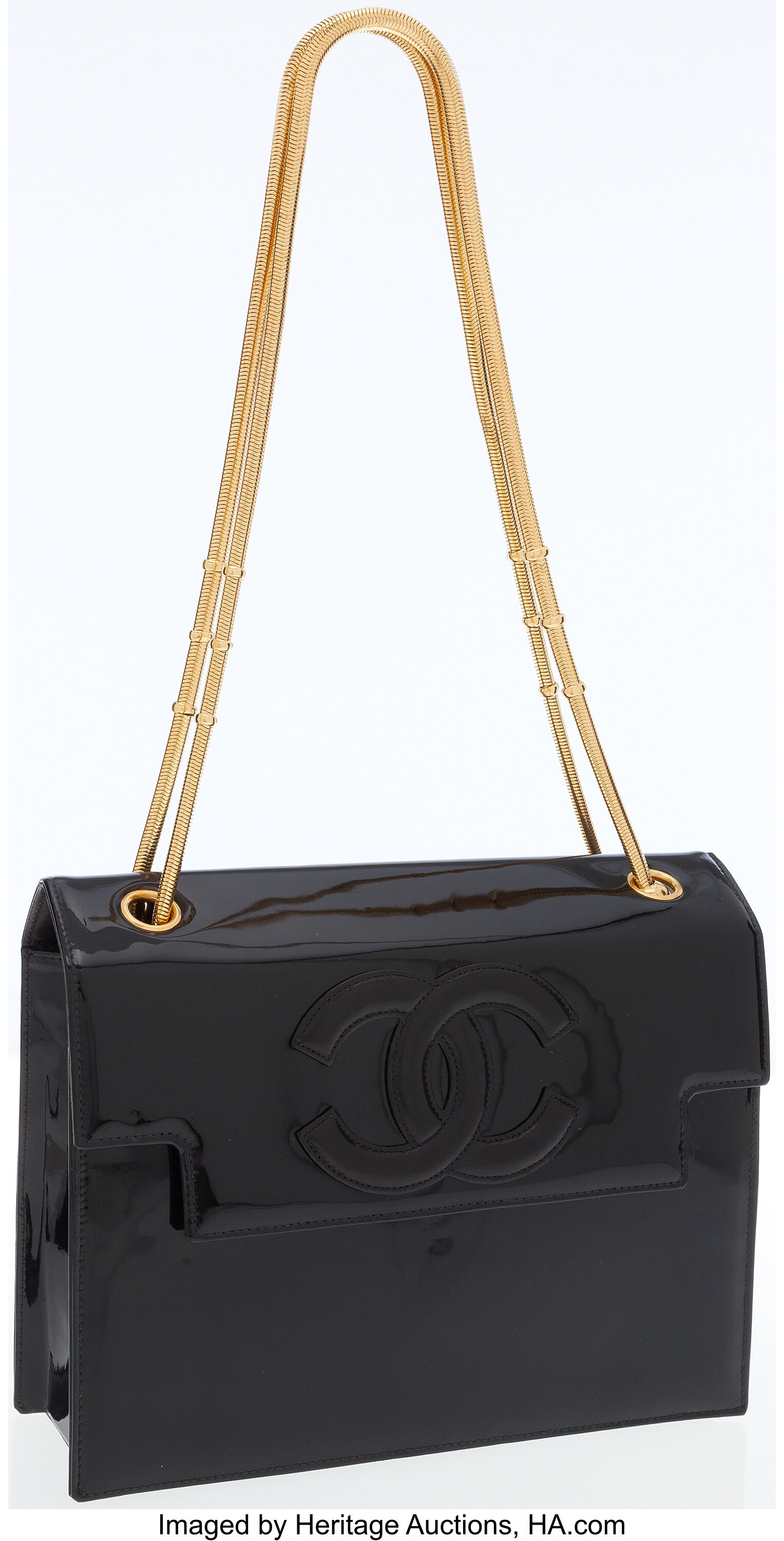 Chanel Black Patent Leather Shoulder Bag with Gold Chain Rope