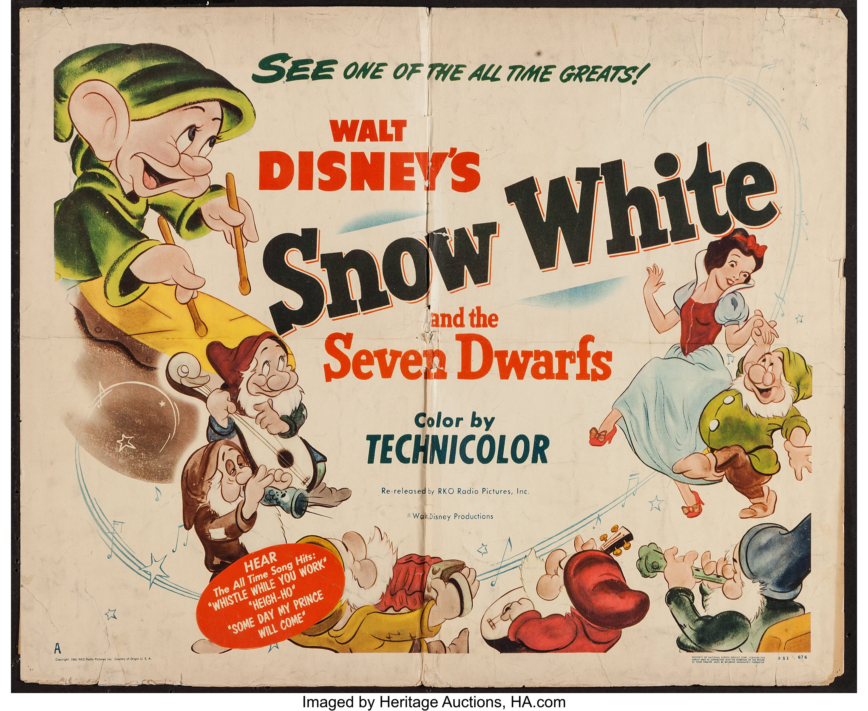 Snow White and the Seven Dwarfs (RKO, R-1951). Half Sheet (22