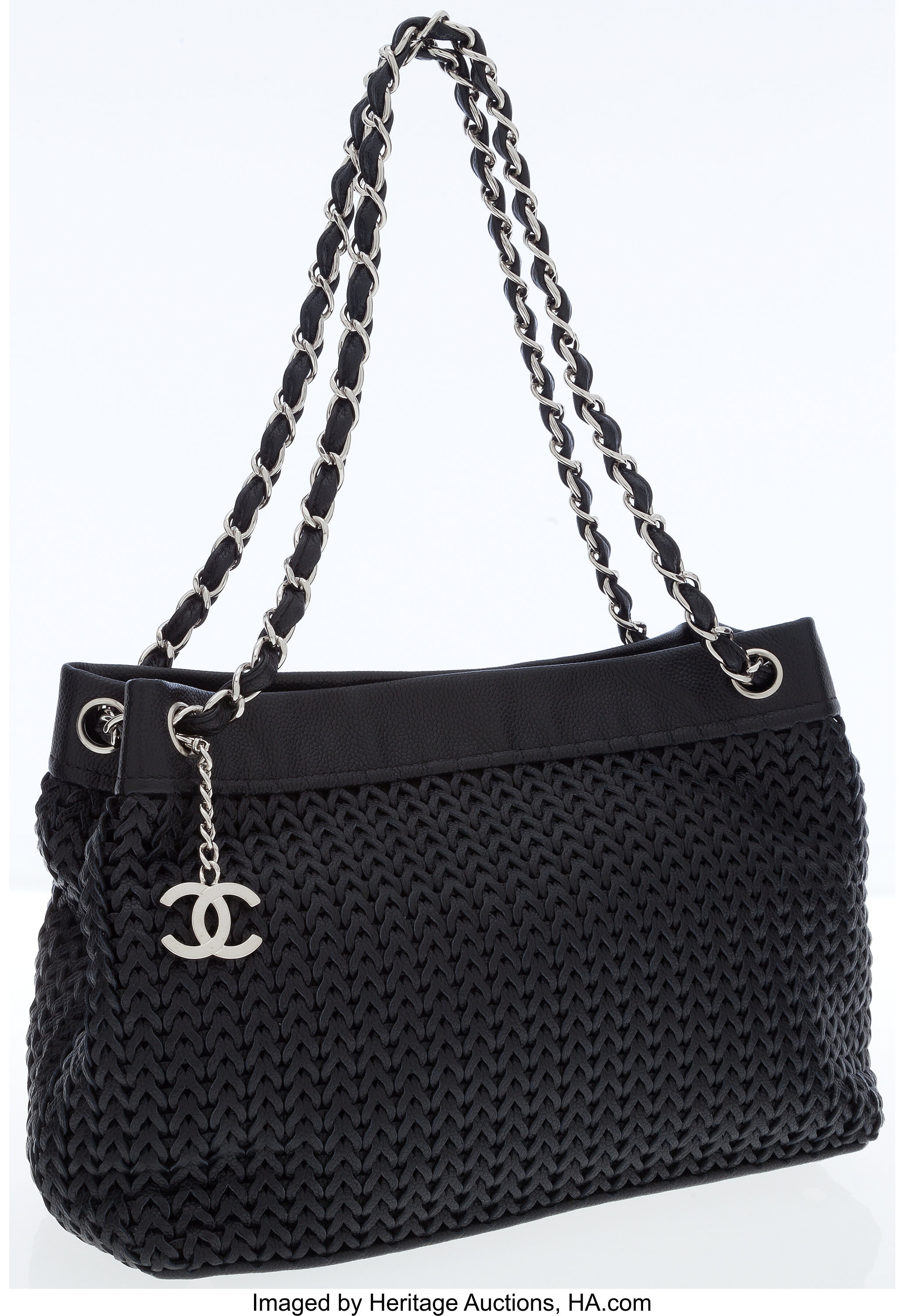 Chanel Black Woven Caviar Leather Tote Bag with Silver Hardware., Lot  #79015