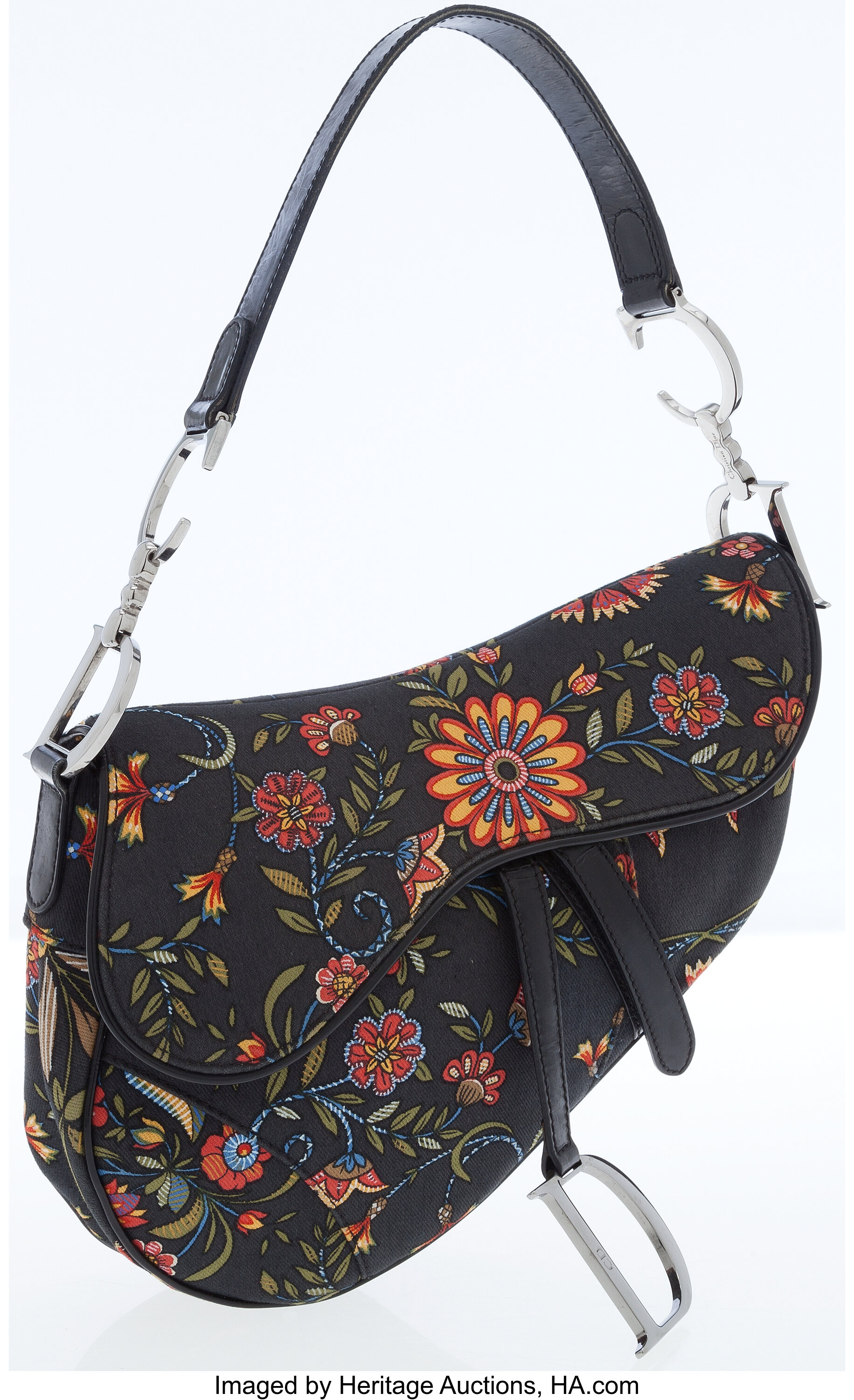 CHRISTIAN DIOR BLACK MULTICOLOUR FLORAL EMBROIDERED SADDLE BAG – RDB