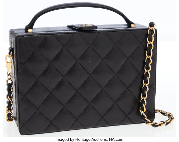Chanel Black Quilted Lambskin Leather Box Bag with Gold Chain