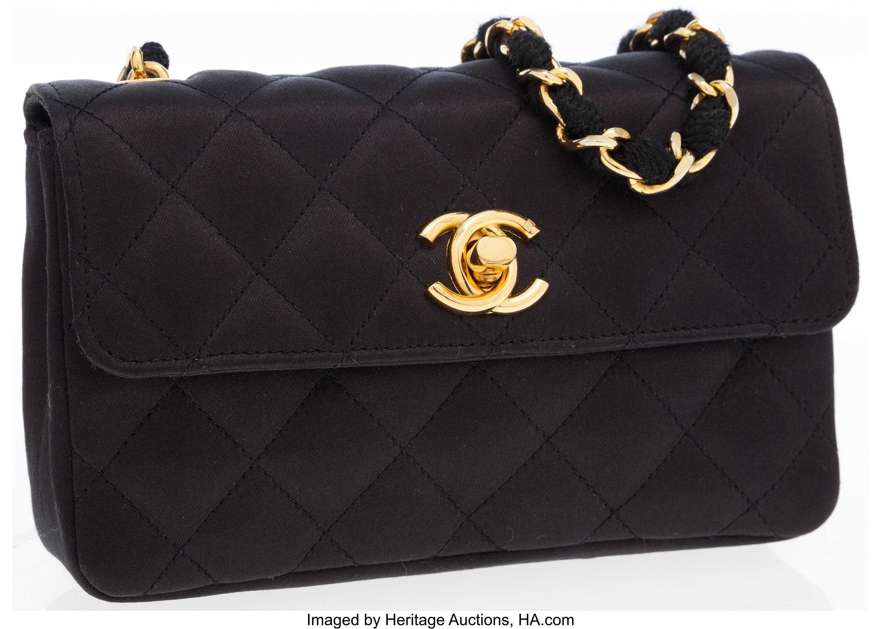 Chanel Black Quilted Satin Mini Flap Bag with Gold Hardware. , Lot  #76013