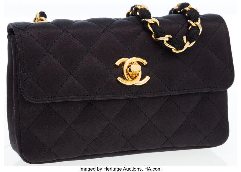 CHANEL VINTAGE CC TURN-LOCK BLACK SATIN QUILTED FLAP BAG