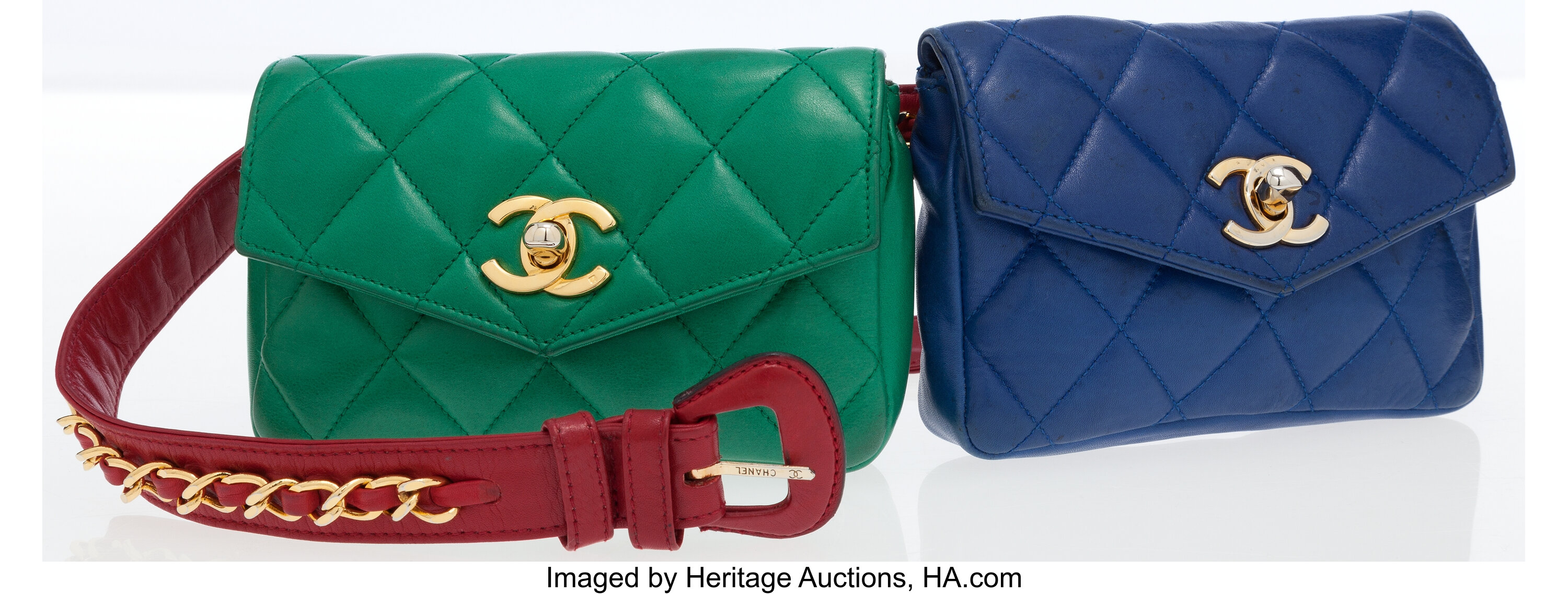 Chanel Green, Red & Blue Lambskin Leather Flap Bag Belt with Gold, Lot  #76009