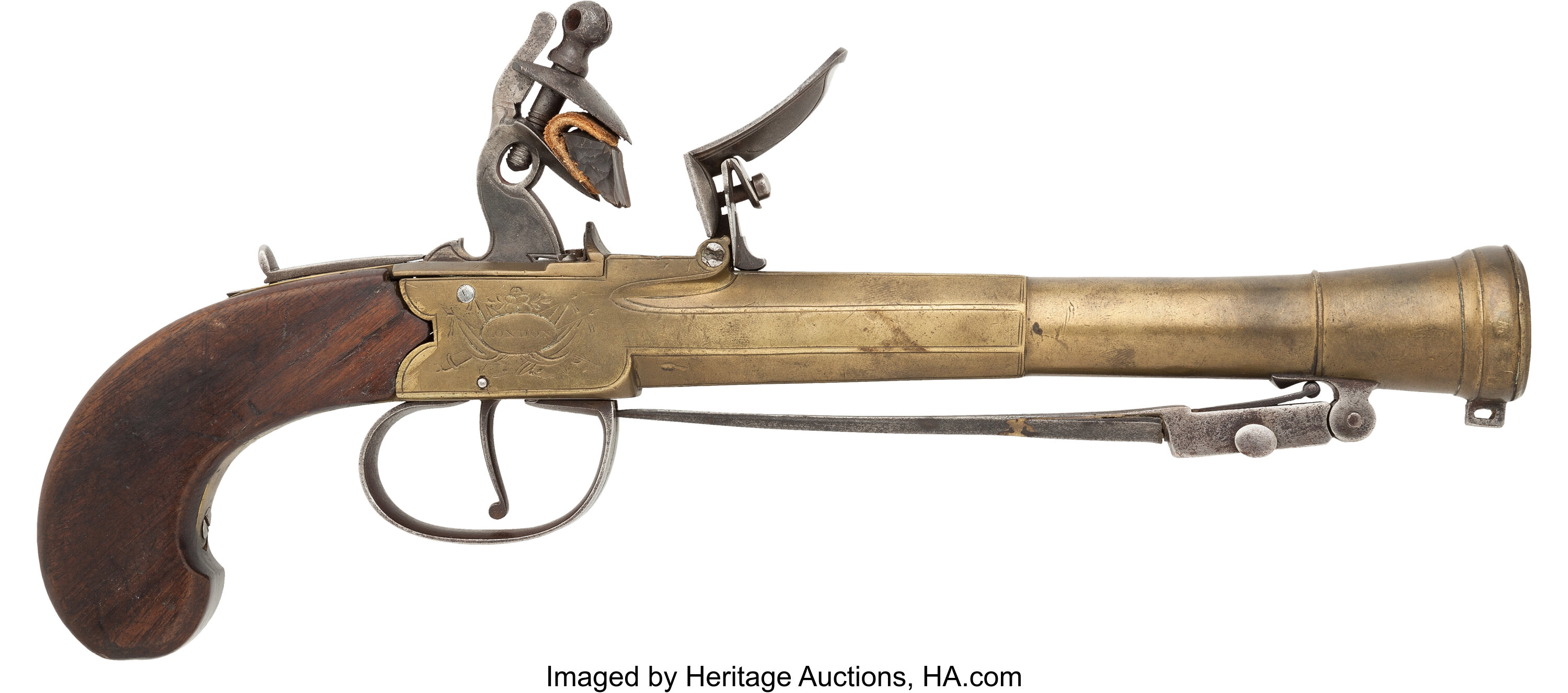 English Brass-Barreled Boxlock Flintlock Pistol with Spring-Loaded ...