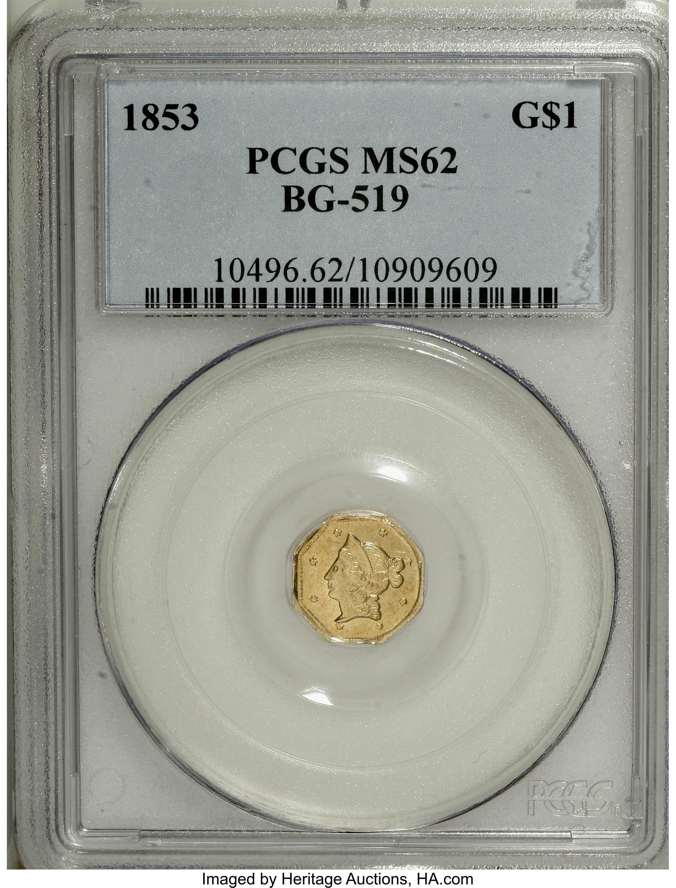 1853 California Fractional Octagonal $1 Gold Coin BG-519 ANACS AU-55 Scarce Type 