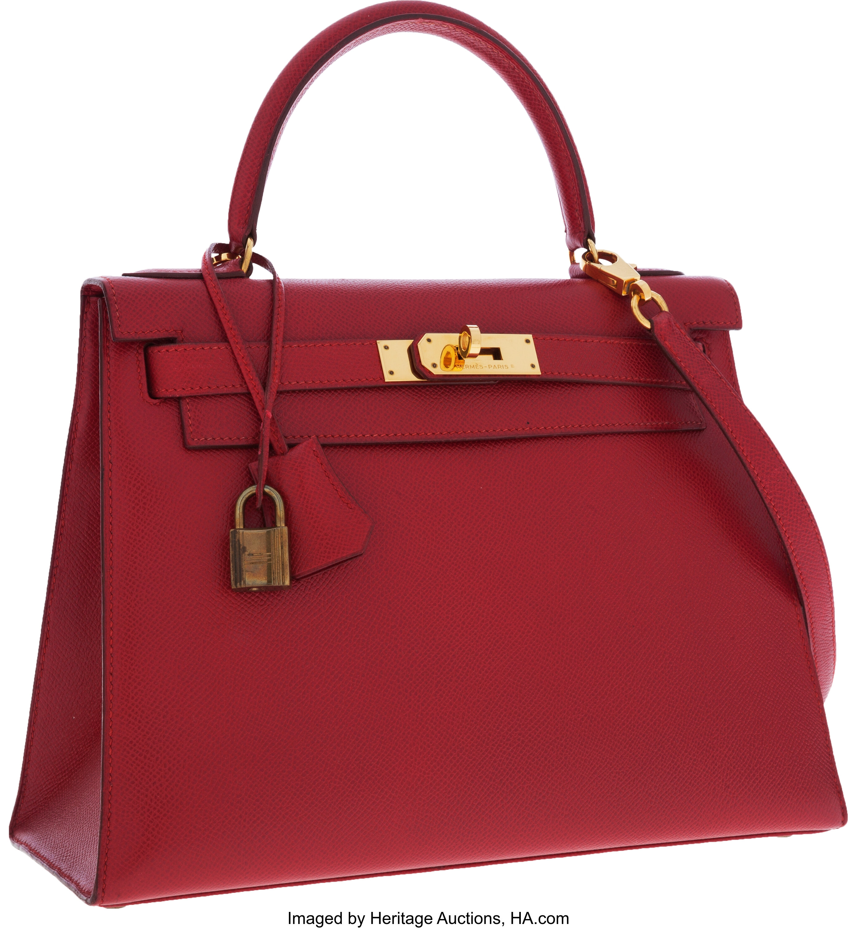 Hermes 28cm Rouge Vif Courchevel Leather Sellier Kelly Bag with, Lot  #64132