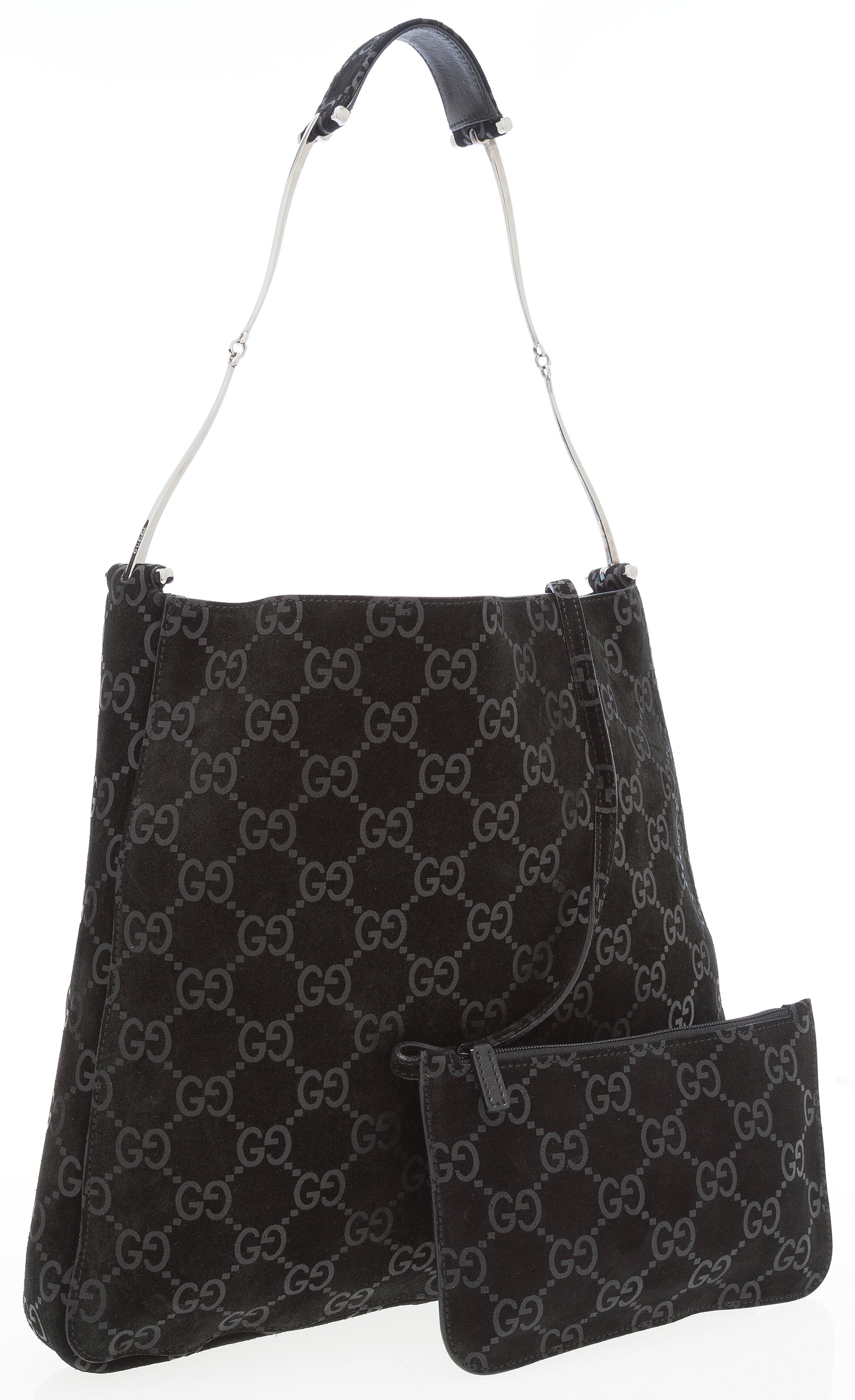 Sold at Auction: Gucci Black Suede Monogram Shoulder Bag