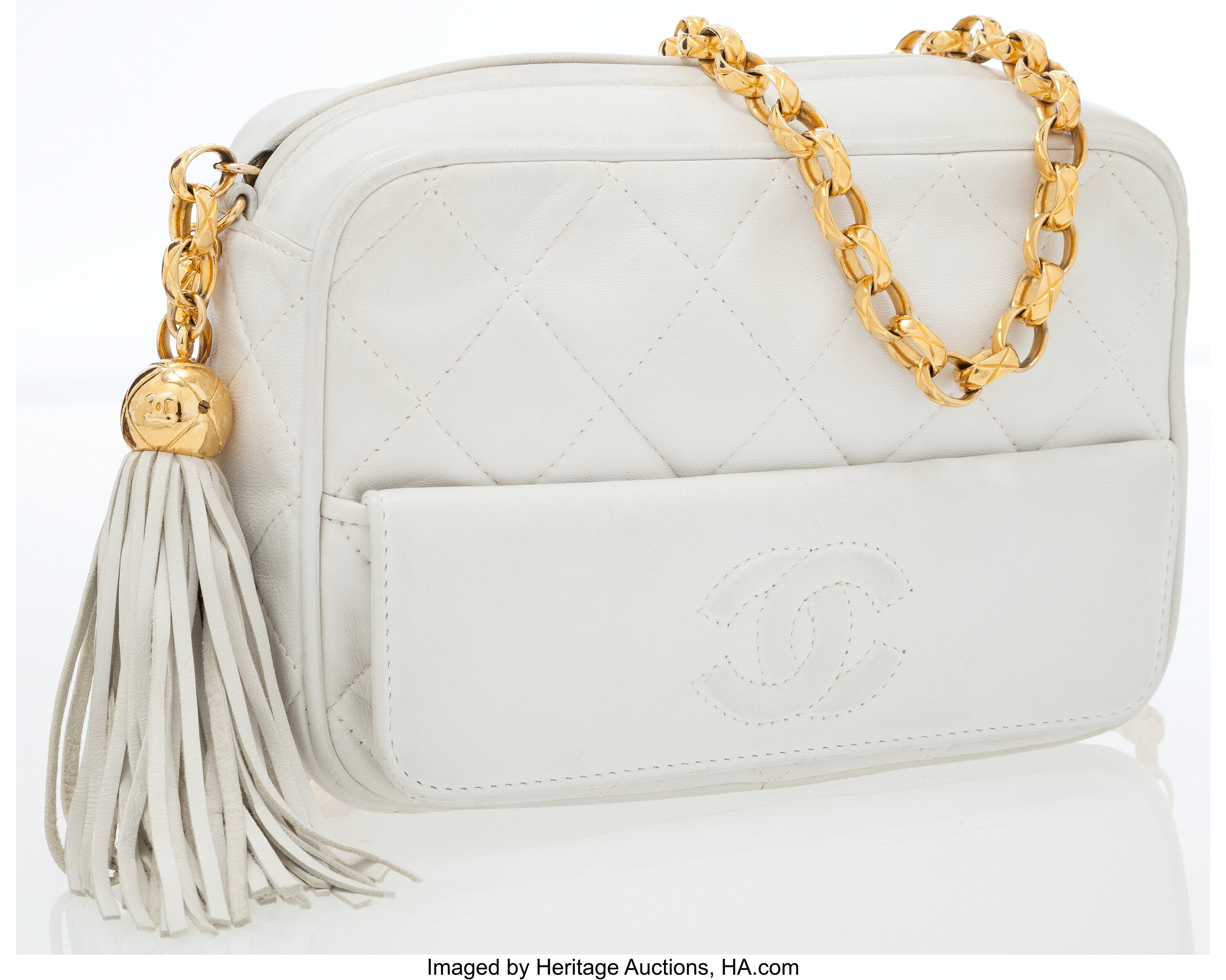 Chanel White Quilted Lambskin Leather Camera Bag with Tassel