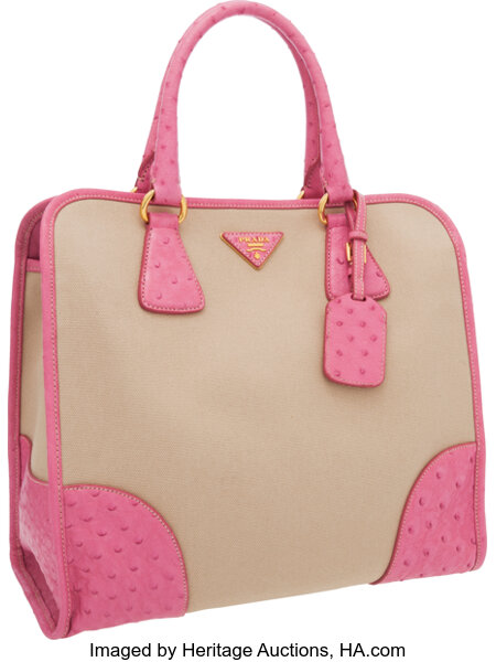 Prada Pink Ostrich & Canvas Top Handle Bag with Gold Hardware