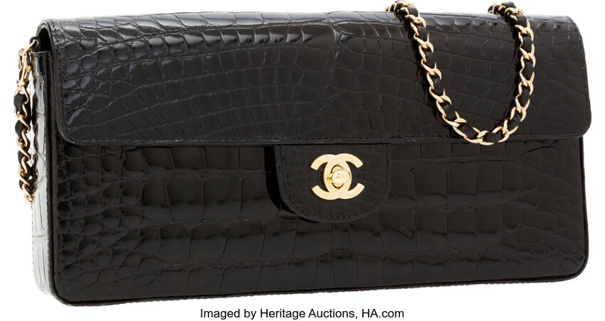 Chanel Shiny Black Crocodile East-West Flap Clutch Bag with Chain, Lot  #56310