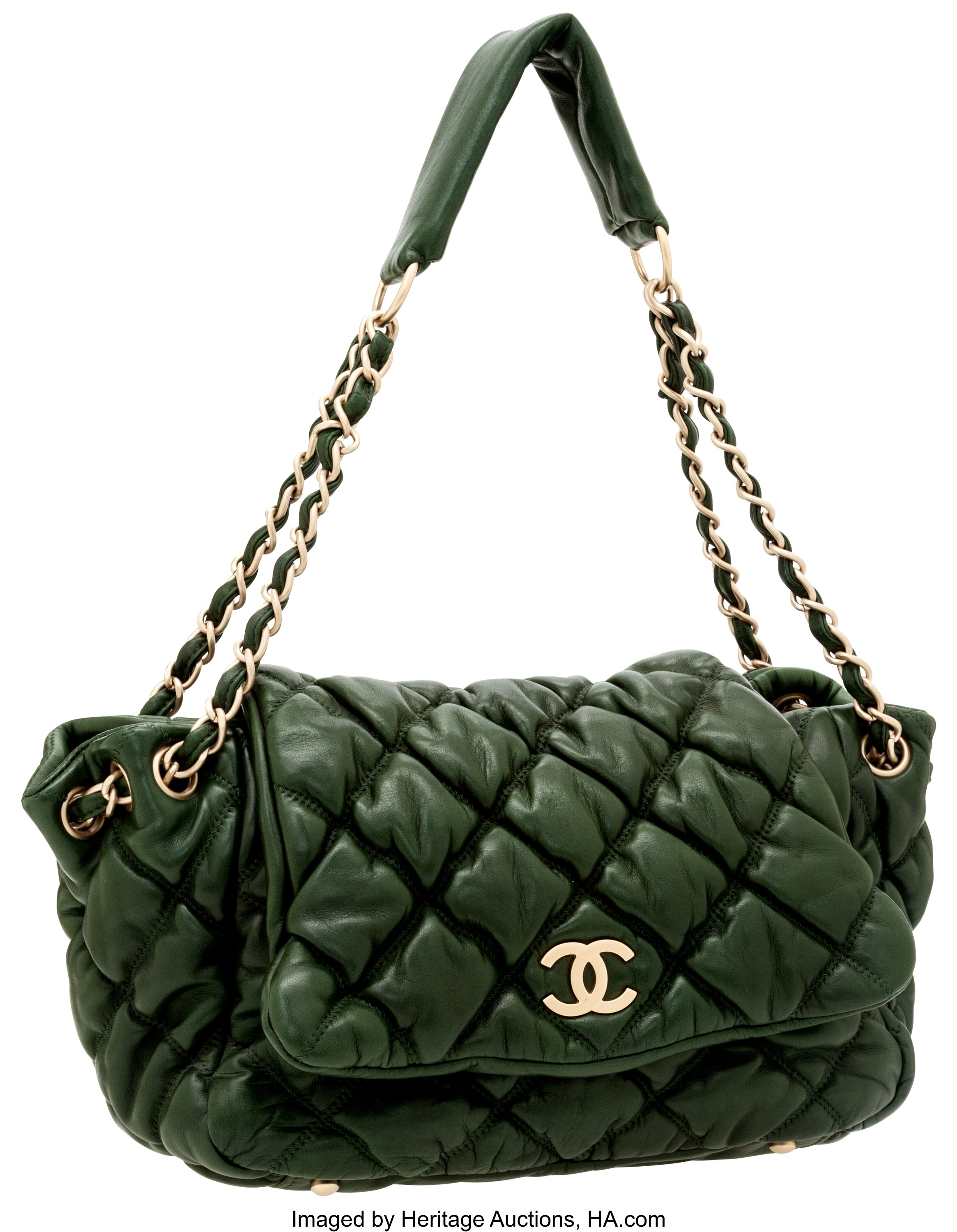 Chanel Green Lambskin Leather Bubble Flap Shoulder Bag.  Luxury, Lot  #56849