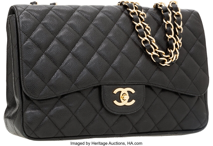 Chanel Black Caviar Leather Jumbo Single Flap Bag with Gold, Lot #56318