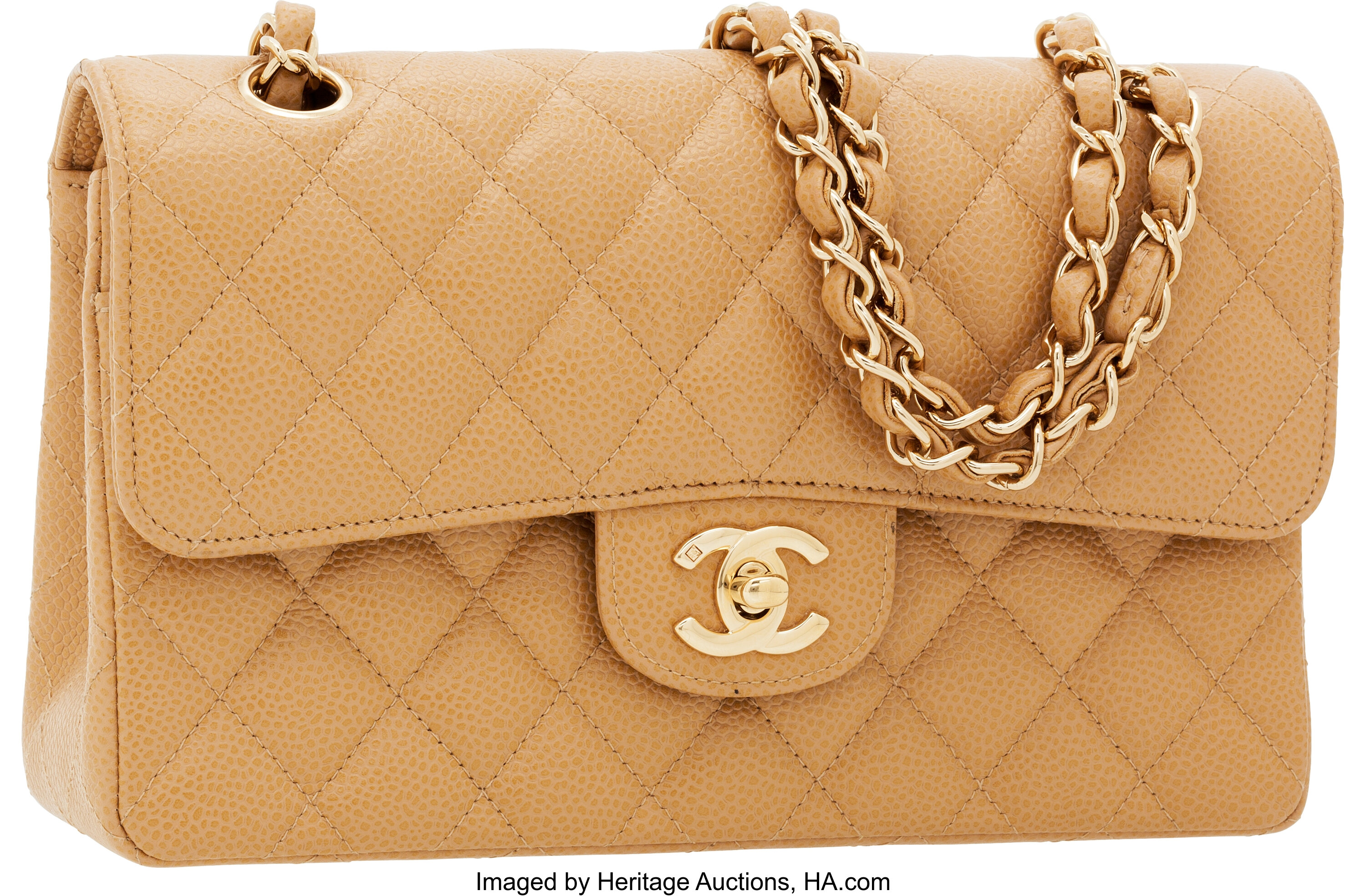 Chanel Beige Quilted Caviar Leather East West Flap Bag. Excellent, Lot  #58017