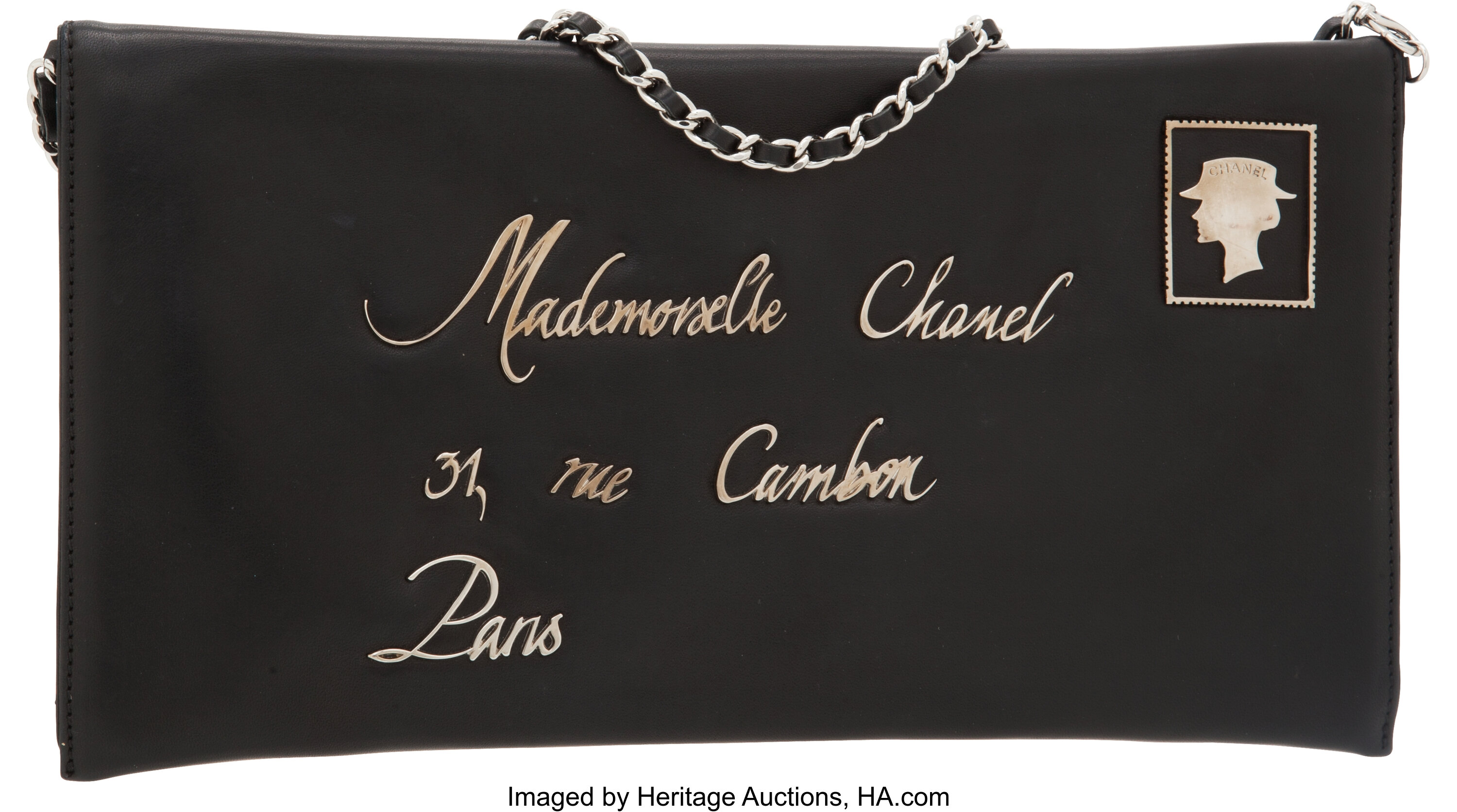 Chanel Black Lambskin Leather Mademoiselle Envelope Clutch Bag