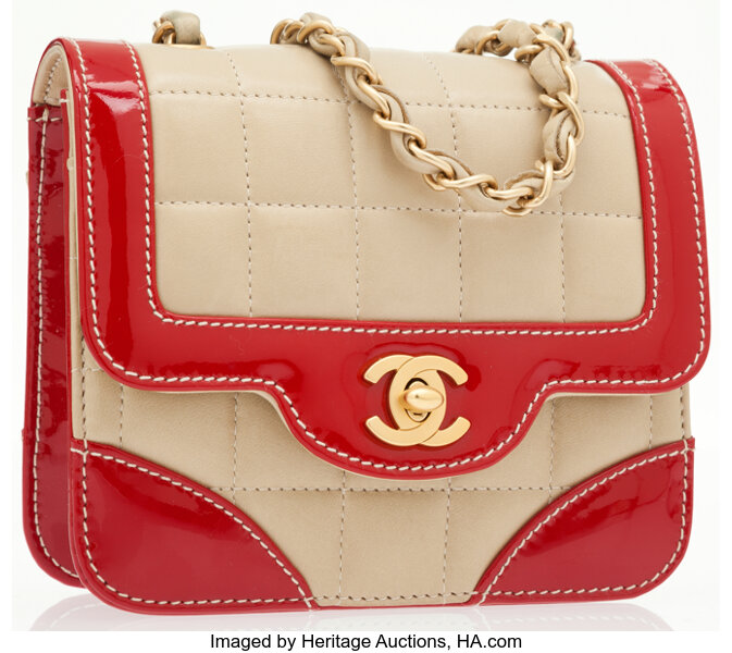 Chanel Beige & Red Lambskin Leather Quilted Mini Flap Bag . , Lot  #75011