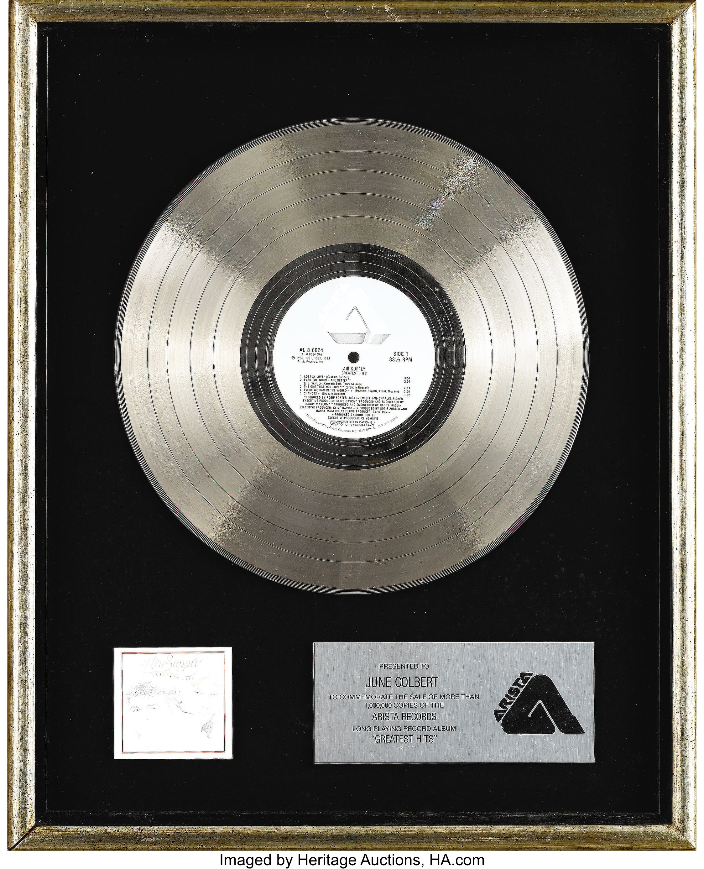 Air Supply Greatest Hits Platinum Album Award Music Lot 46802 Heritage Auctions