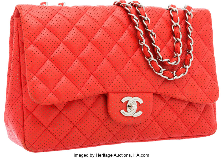 Chanel Red Perforated Lambskin Leather Jumbo Single Flap Bag with, Lot  #56209