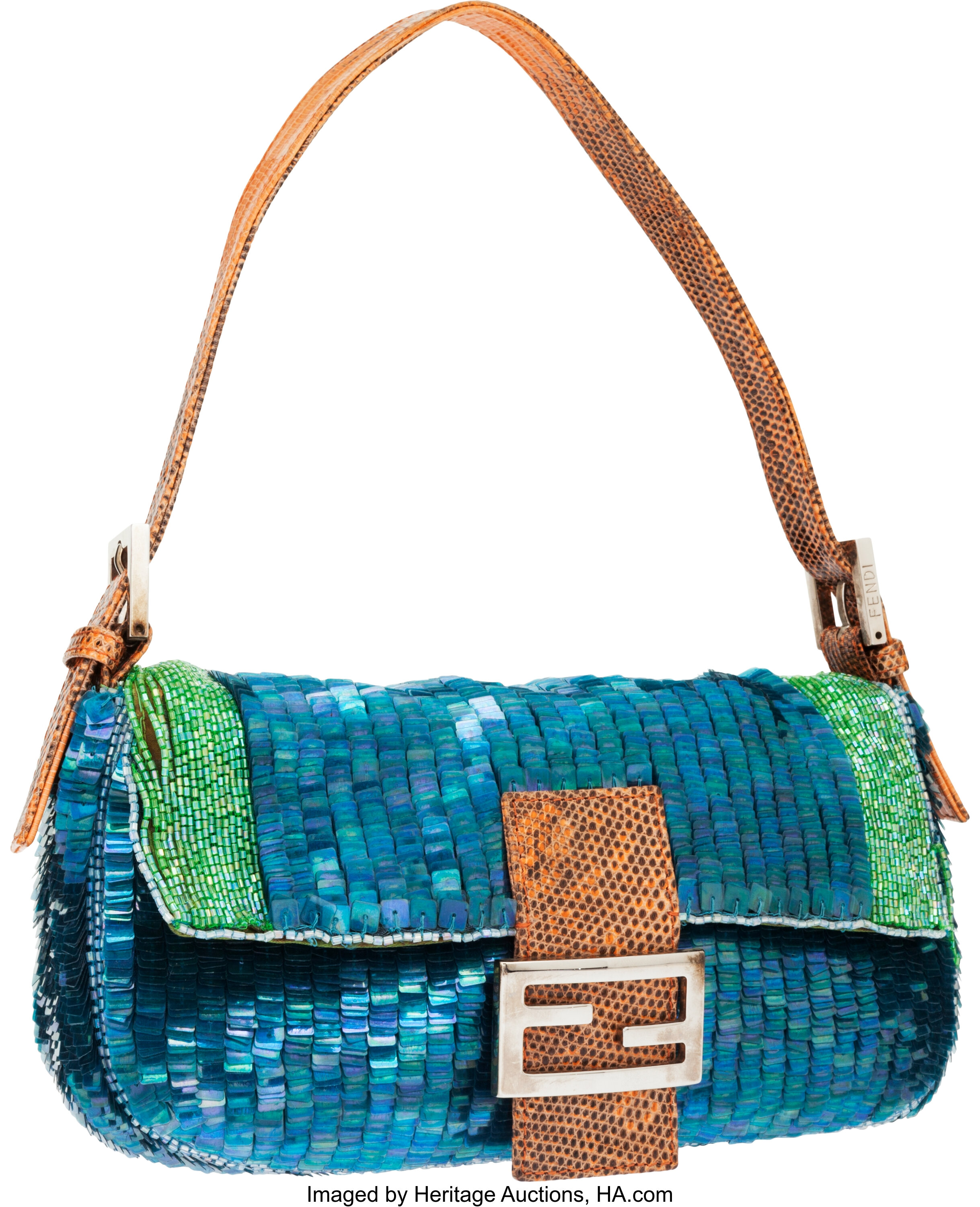 Fendi Blue Lizard, Bead & Sequin Baguette Bag .  Luxury, Lot #56351