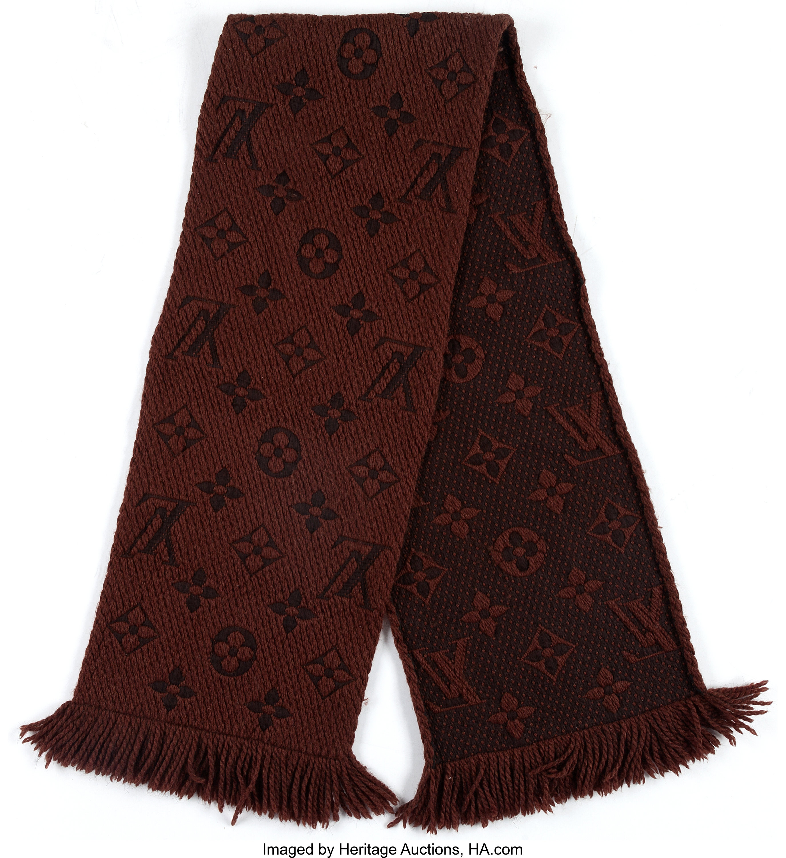 Lot - Louis Vuitton Paris 65% wool 35% cashmere vintage designer brown  monogram scarf with metallic thread and original tag. 75H x 28W